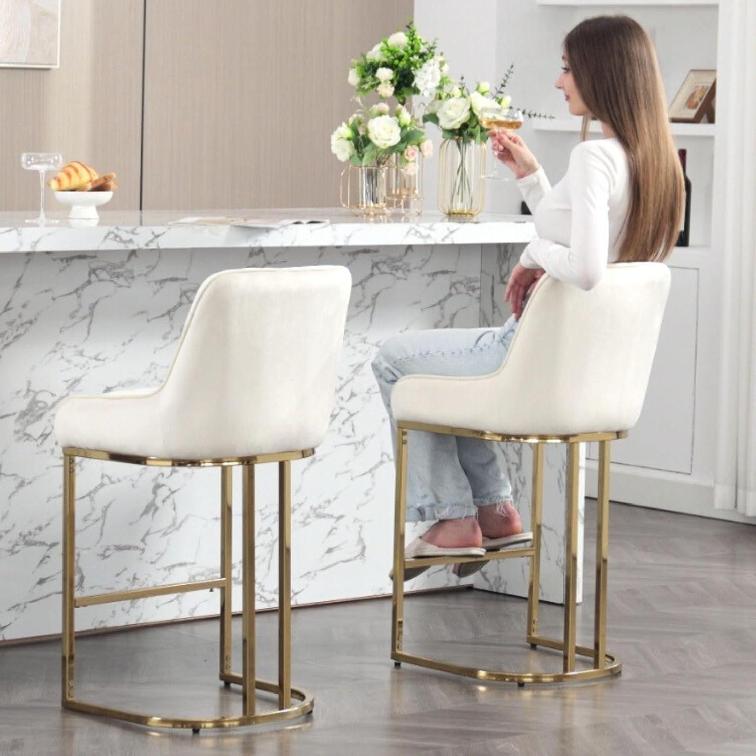 Counter Height Stools Set of 2, Velvet Bar Stools with 27 Inches Upholstered Seat Height, Handmade Woven Back Armrest, Sturdy Golden Metal Legs for Home Dining Pub Kitchen Island, Beige