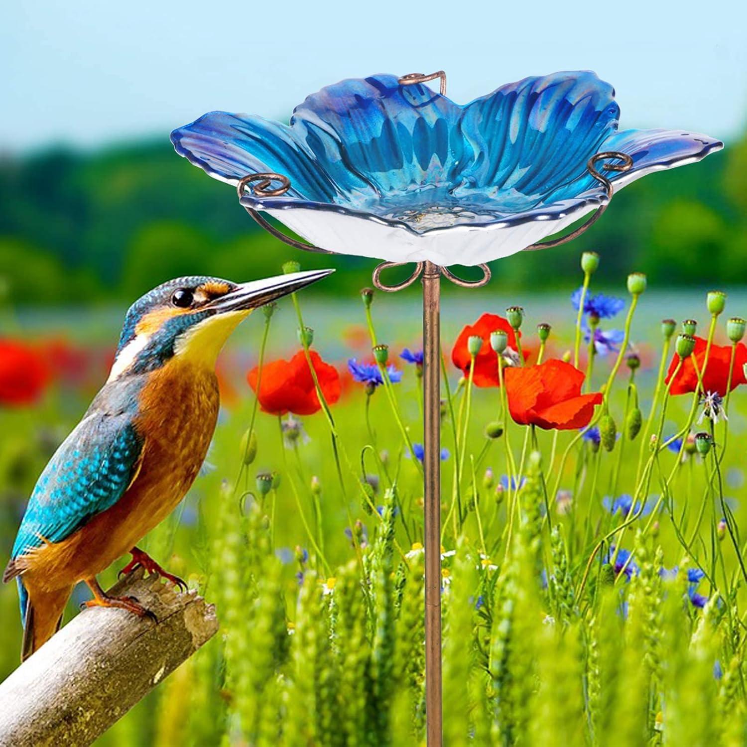 Blue Glass Flower Bird Bath with Metal Stake