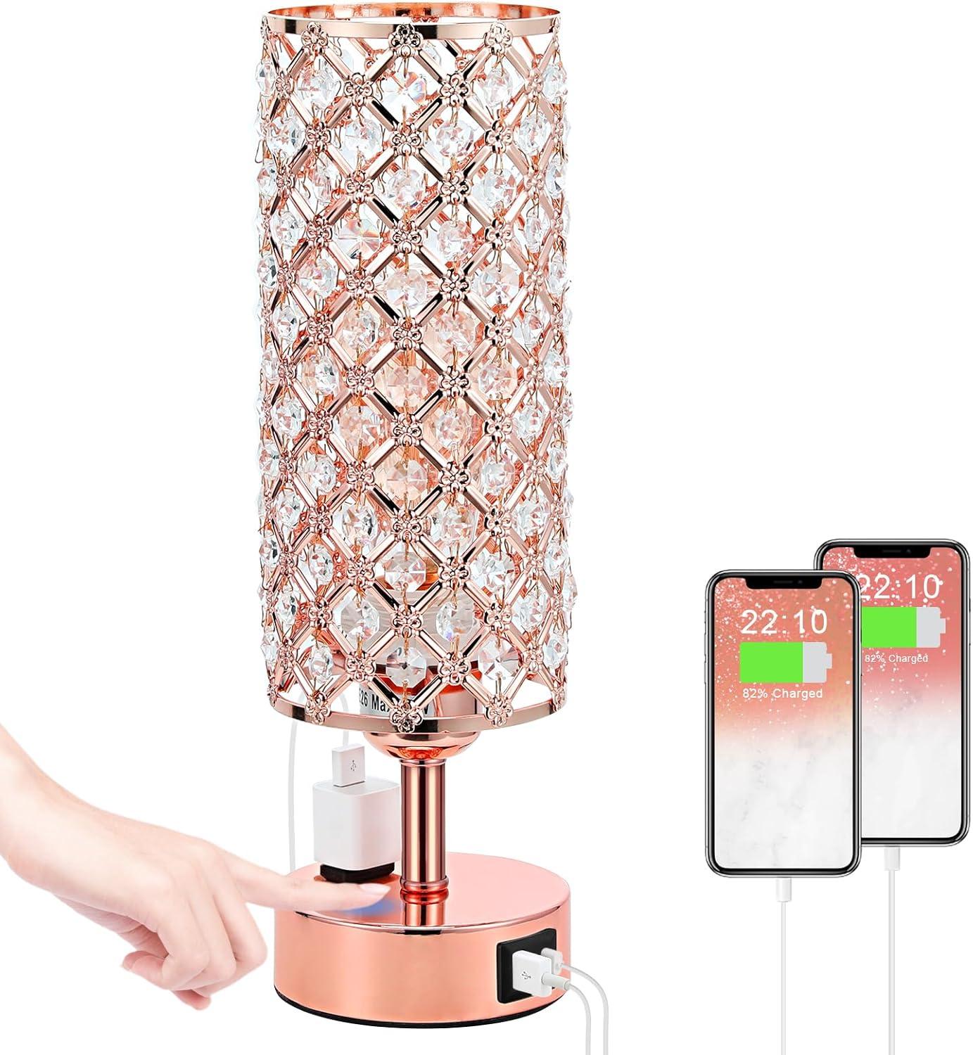 Rose Gold Crystal Touch Table Lamp with USB Ports