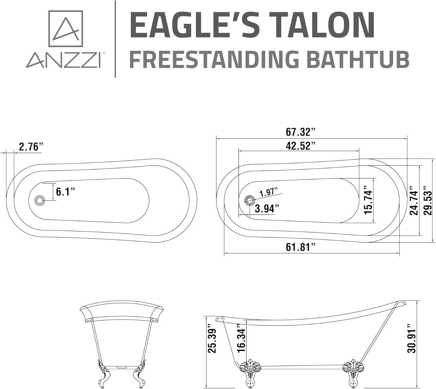 Diamante Series 67.32'' x 29.53'' Freestanding Soaking Acrylic Bathtub