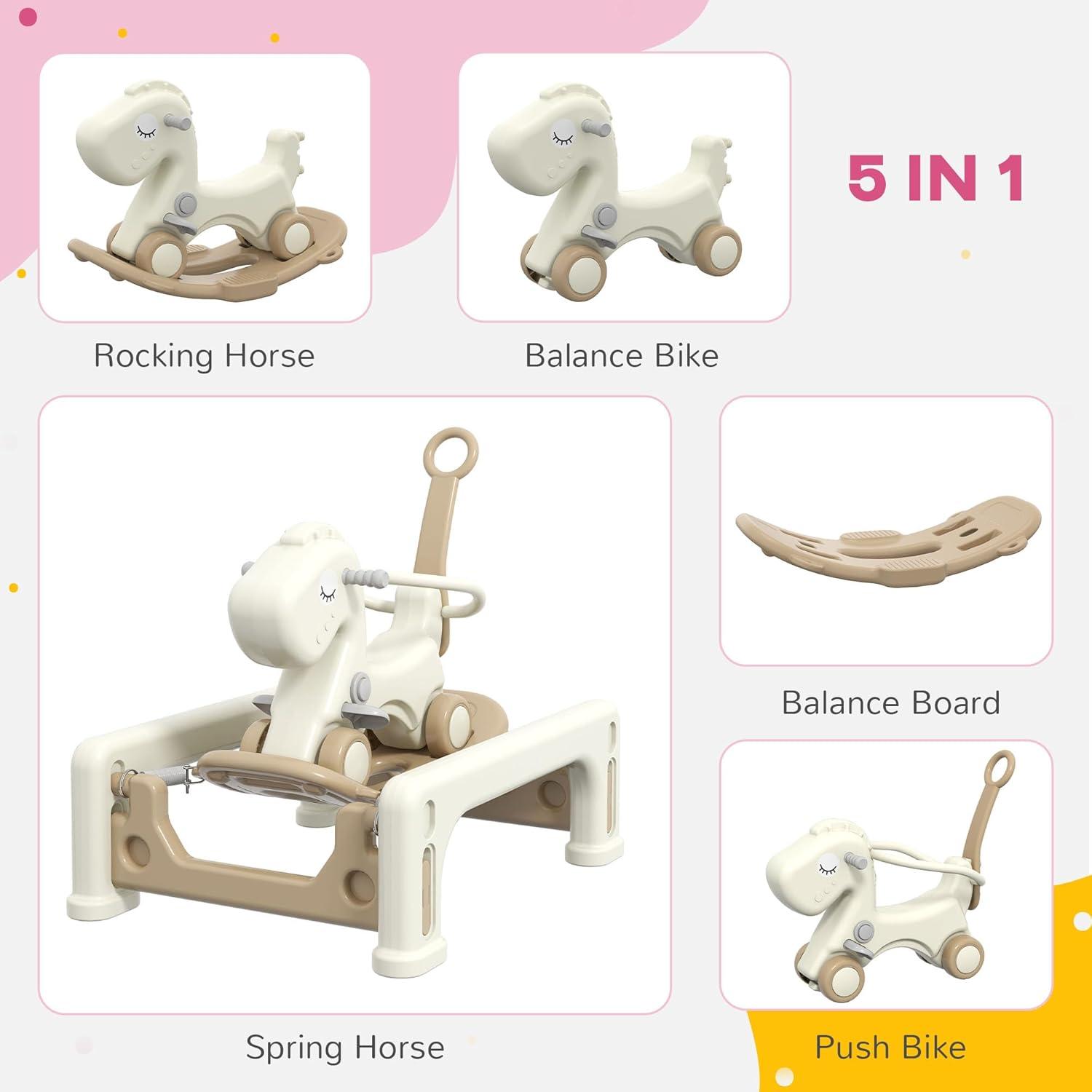 Qaba 5 in 1 Rocking Horse for Toddlers Years 1-6, Kids Spring Ride on Horse Balance Bike with Detachable Balance Board, Push Handle & Footrest for Baby Boys and Girls, Cream White