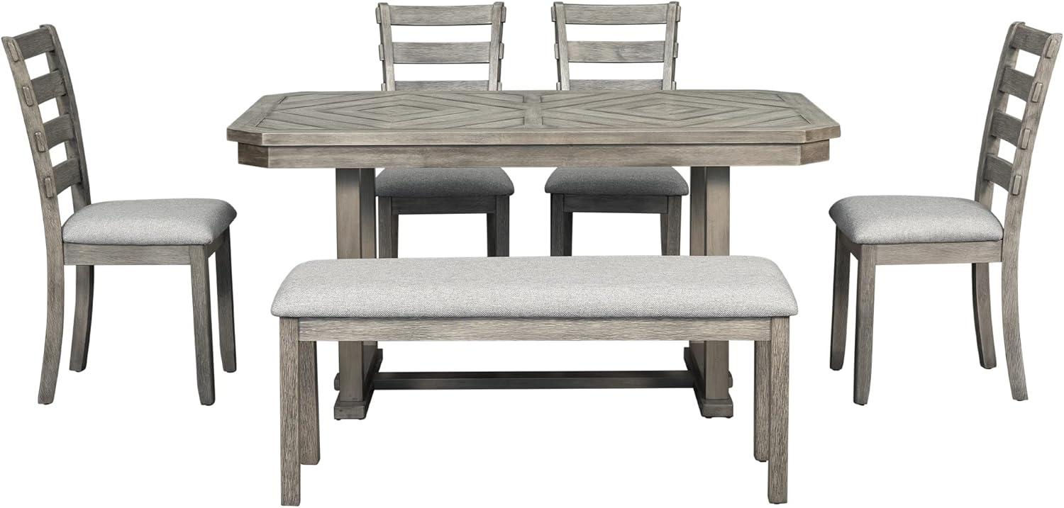 Bellemave Dining Table Set for 6, Rectangular Dining Table with Upholstered Chairs and Bench, 6-Piece Table Set for Dining Room and Kitchen, Retro Dining Room Table Set with Bench, 4 Chairs