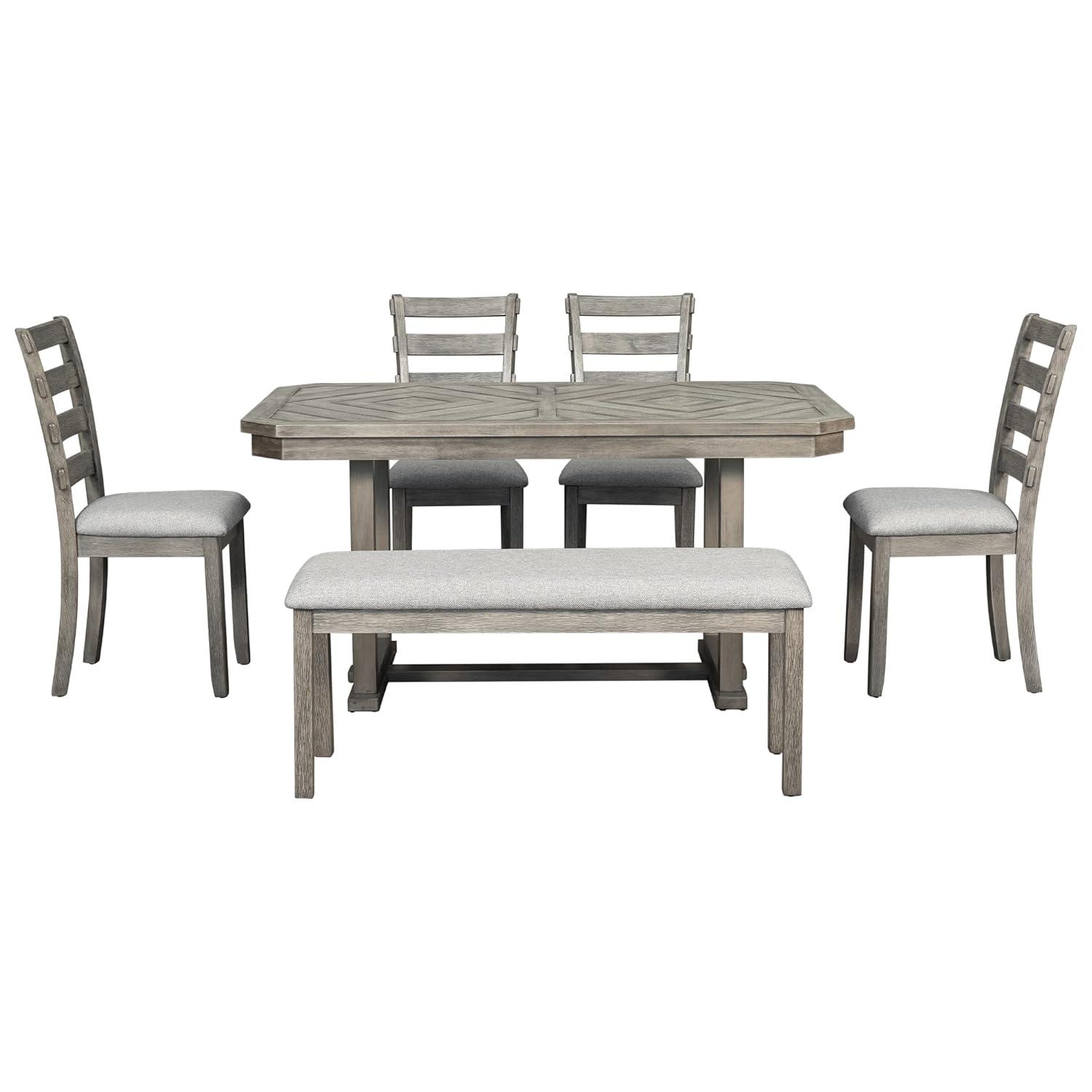 Bellemave Dining Table Set for 6, Rectangular Dining Table with Upholstered Chairs and Bench, 6-Piece Table Set for Dining Room and Kitchen, Retro Dining Room Table Set with Bench, 4 Chairs