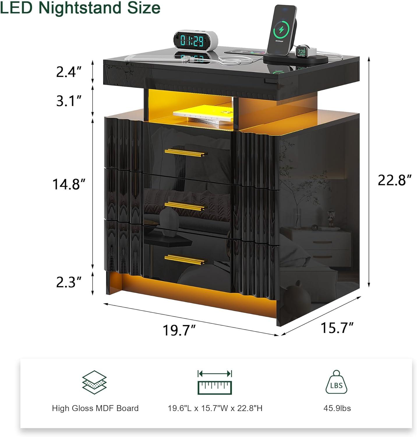 HNEBC Smart LED Nightstand with Wireless Charging & USB Ports, High Glossy Night Stand with 3 Drawers and 1 Pull-Out Tray, Modern Bedside Table with Human Sensor for Bedroom (White)