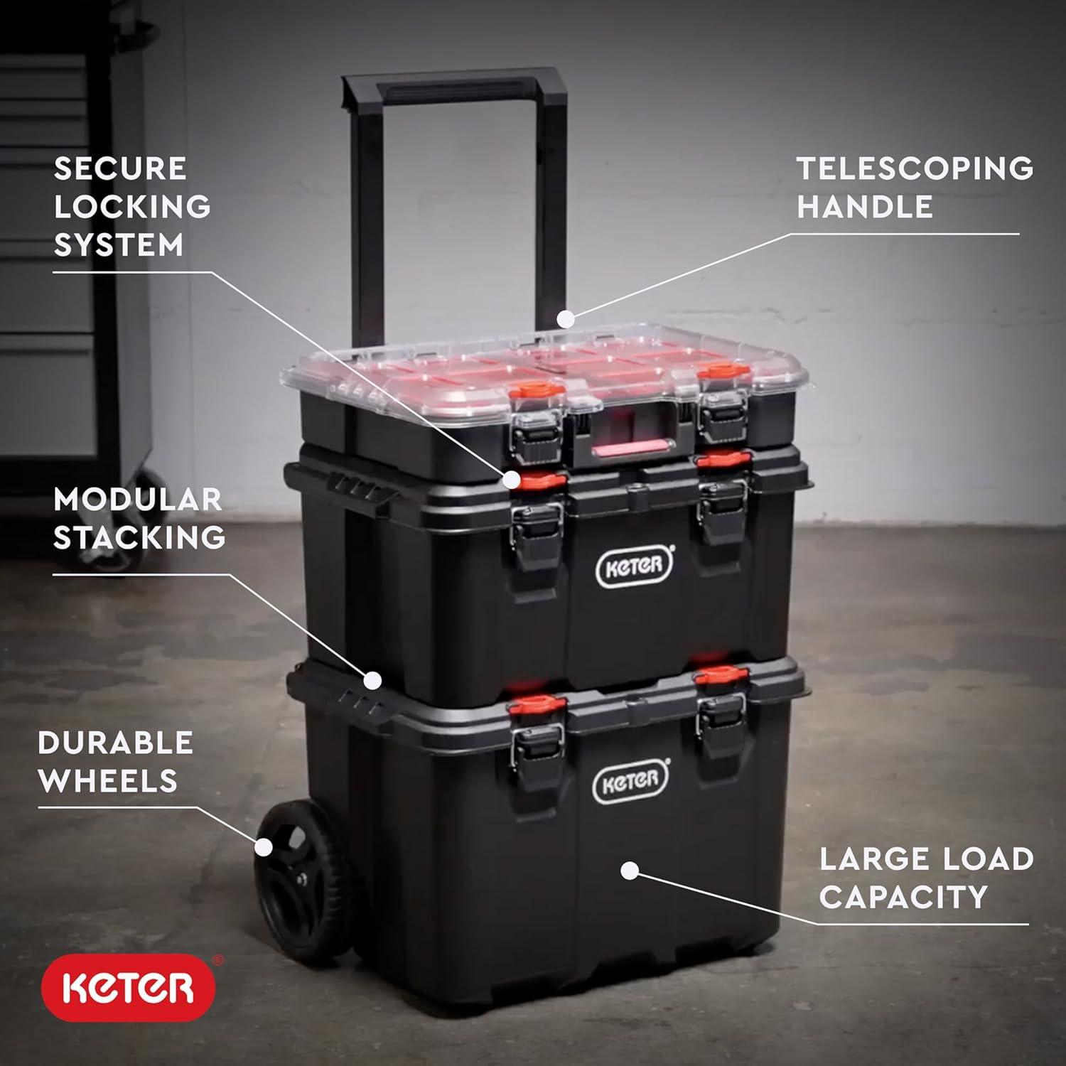 Keter Keter Stack-n-Roll 3 Piece Durable Resin Rolling Tool Box System Tool Storage and Organization Ideal For Garage and DIY, Black