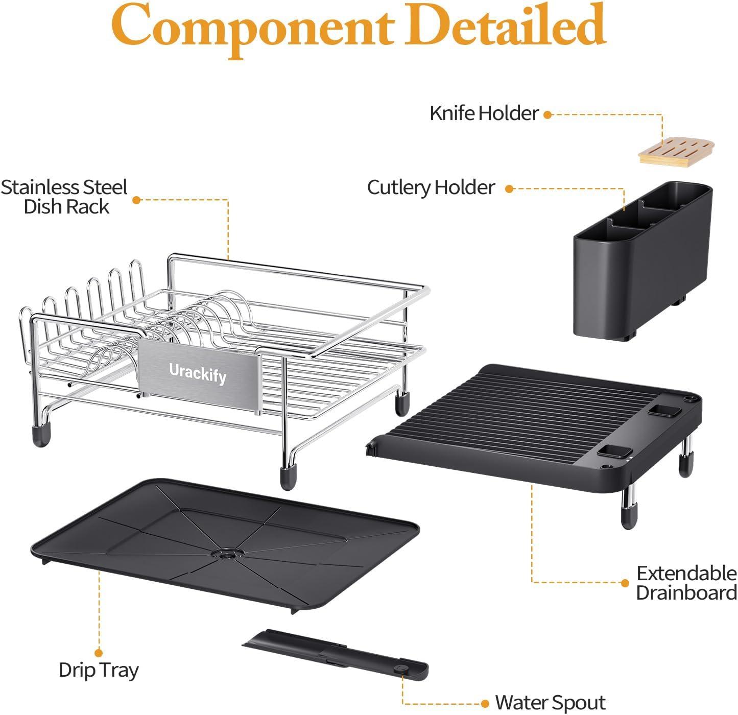 Expandable Stainless Steel Dish Rack with Utensil Cup and Drainboard