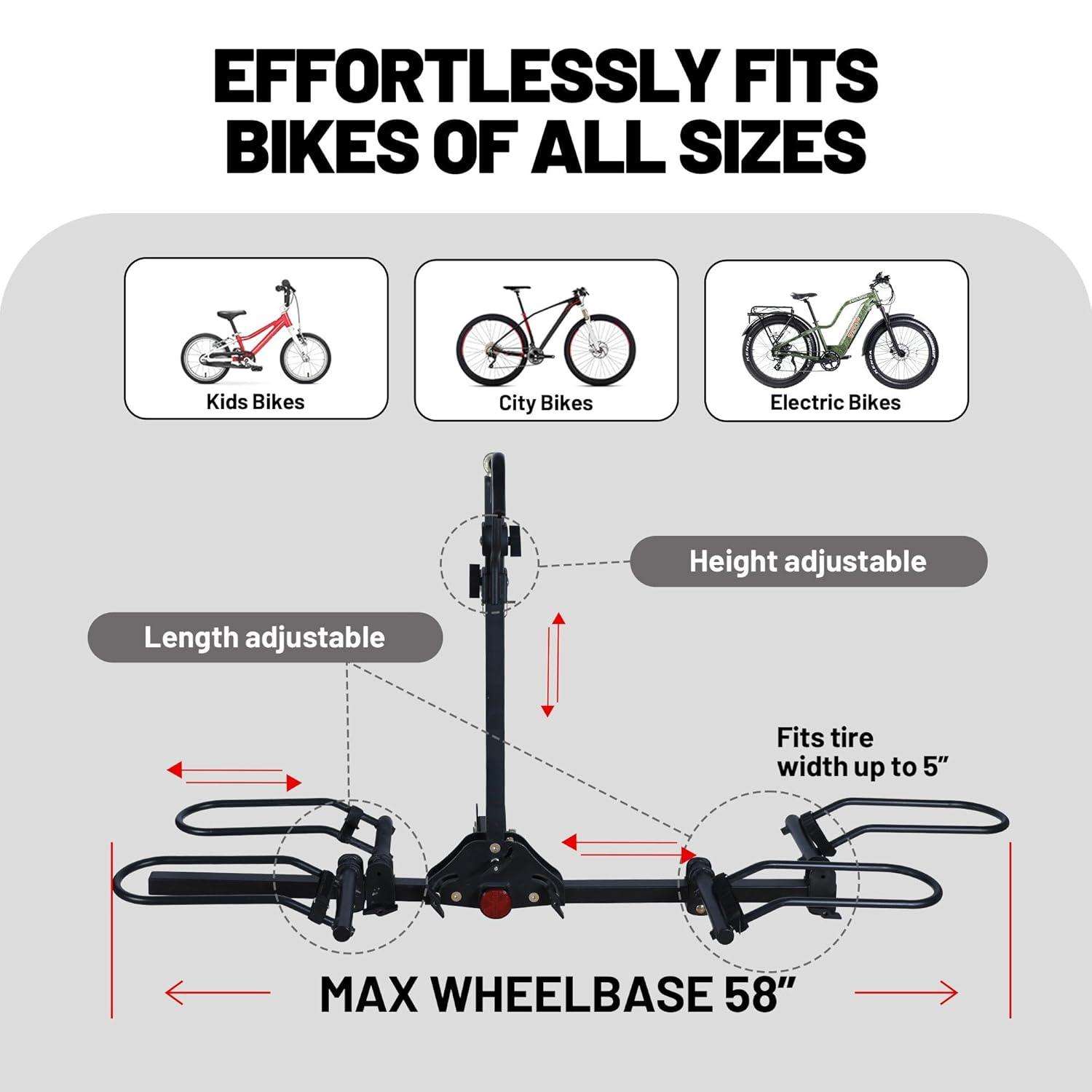 Young Electric Bike Rack 200lb Capacity Alloy Steel Hitch Mount Style for Cars Trucks SUVs RV, fits Bikes with up to 5-inch Fat Tire Carrier Rack, with 2'' Receiver