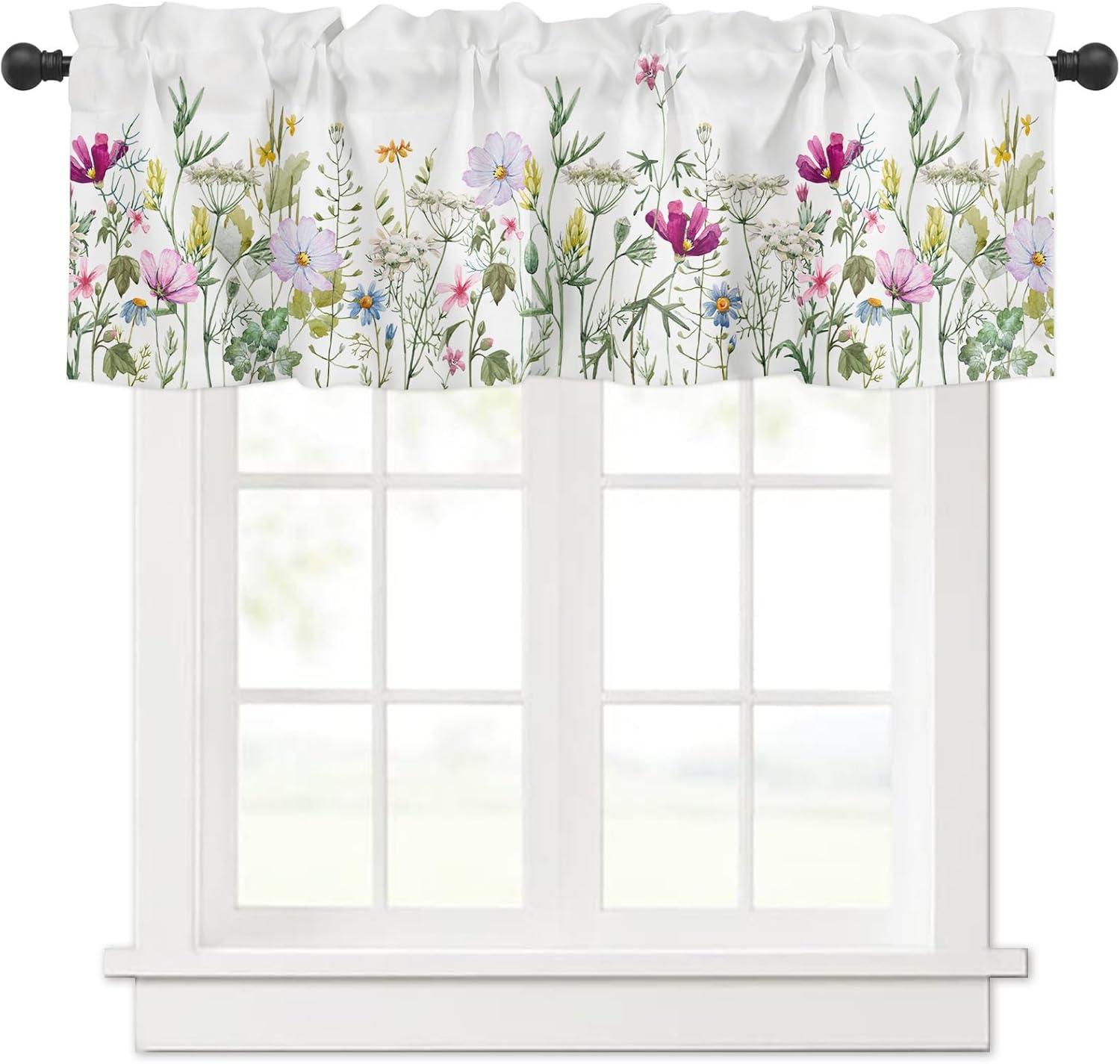 Spring Watercolor Floral Print Valance with Rod Pocket, 54" x 18"