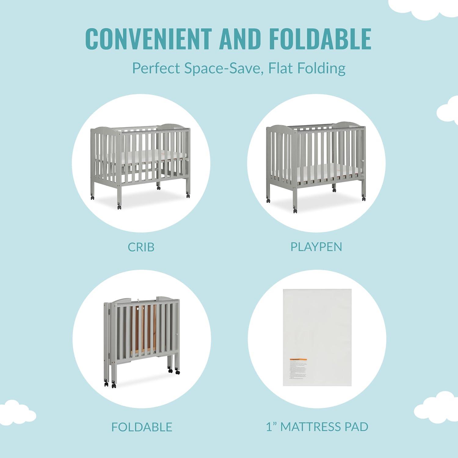 Dream On Me 2-in-1 Folding Portable Mini Crib, Cool Grey