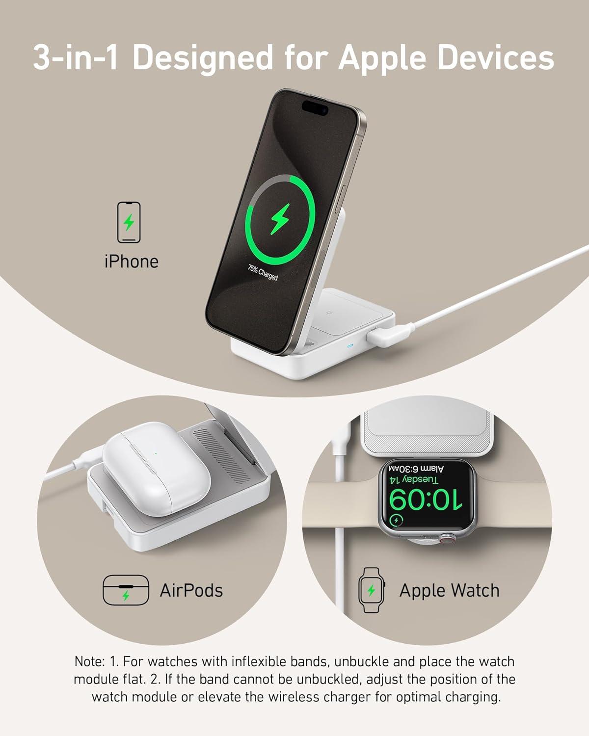 Anker MagGo 3-in-1 Qi2 Certified 15W MagSafe-Compatible Wireless Charger Stand, White