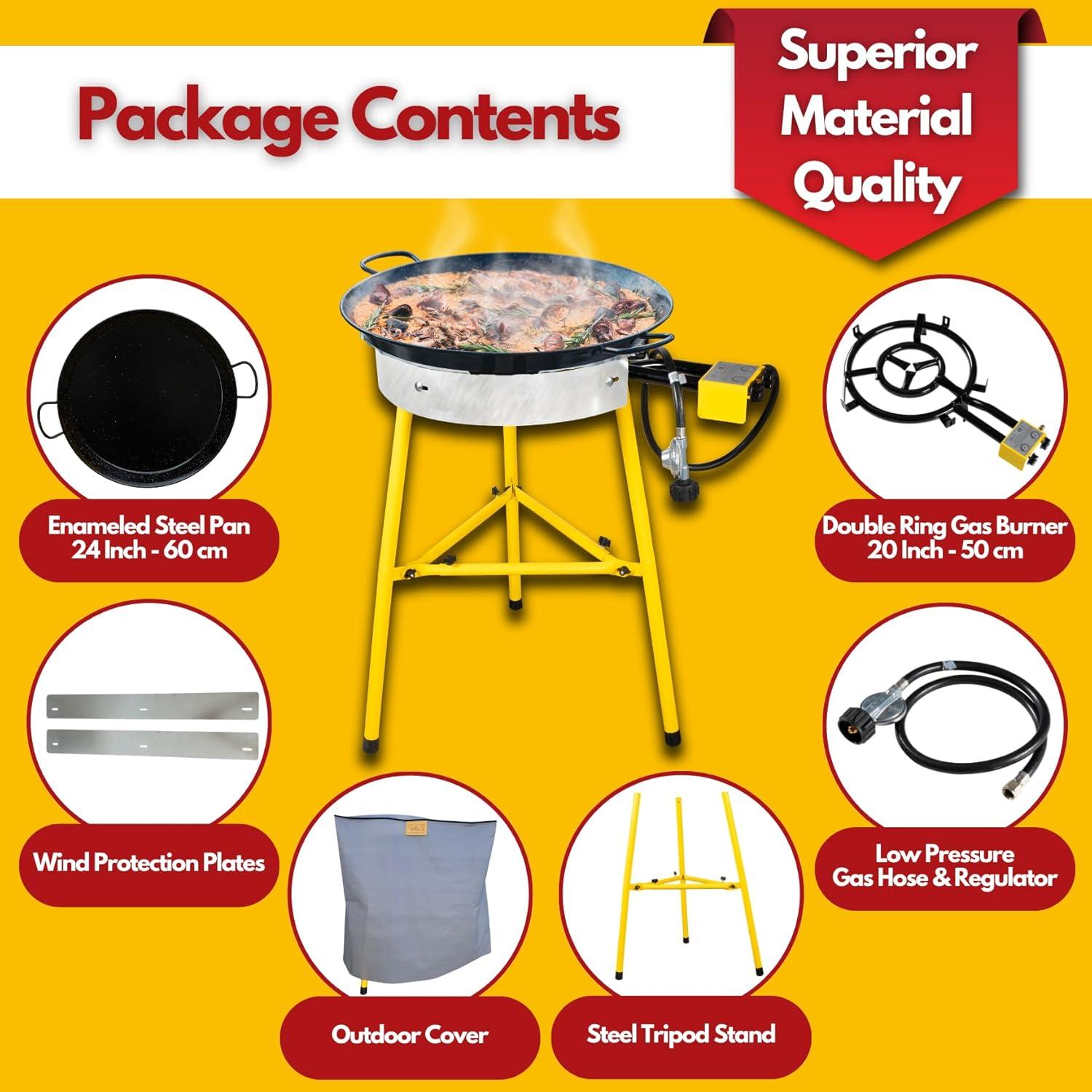 Paelluxe Paella Burner and Stand Set 20 Servings, 24 Inch Paella Pan, Dual Propane Outdoor Stove with Stand & Regulator, Portable Gas Cooker for Camping Crawfish Boil Cooking Outdoor, Paellera Propano