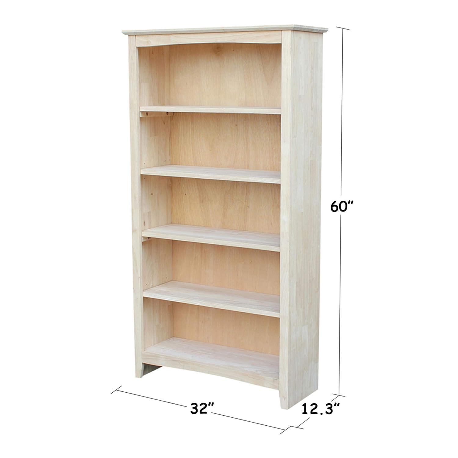 60" Shaker Bookshelf Unfinished - International Concepts: Solid Parawood, 5-Shelf Storage