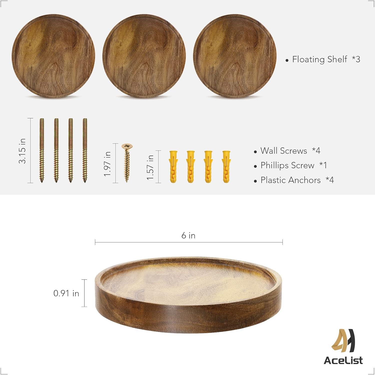 Acacia Wood 6'' Round Floating Shelves Set of 3