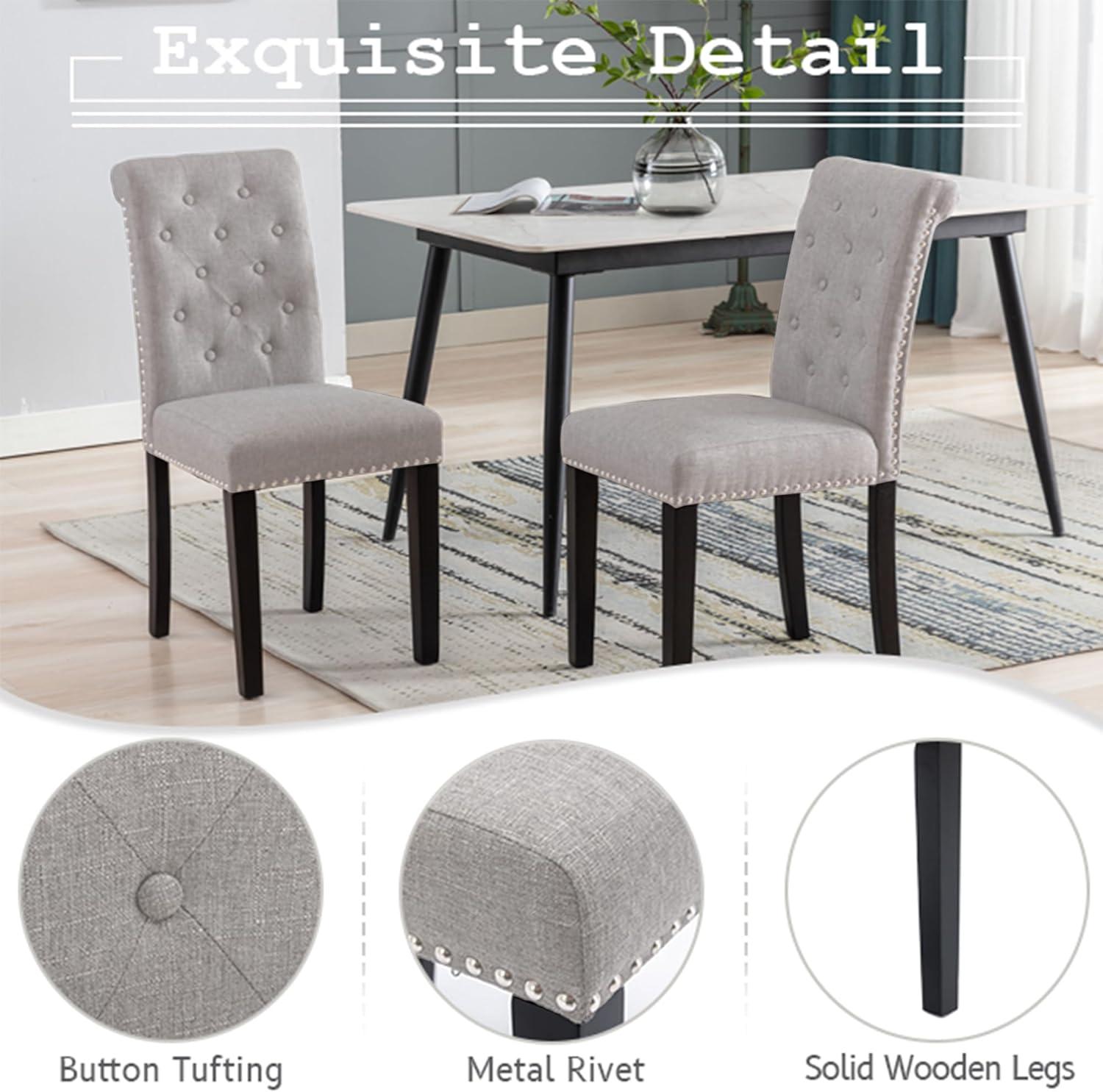 Gray Upholstered Tufted Dining Chairs with Wood Legs, Set of 4