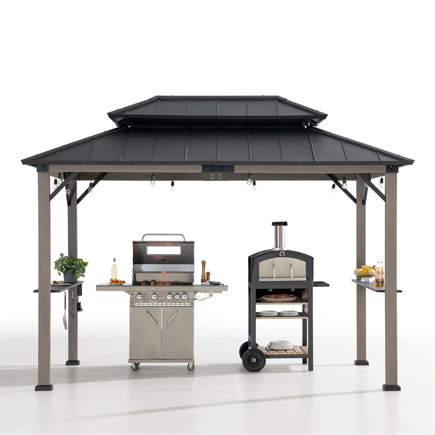 Sunjoy 8 x 12 ft Black Cedar and Steel Grill Gazebo