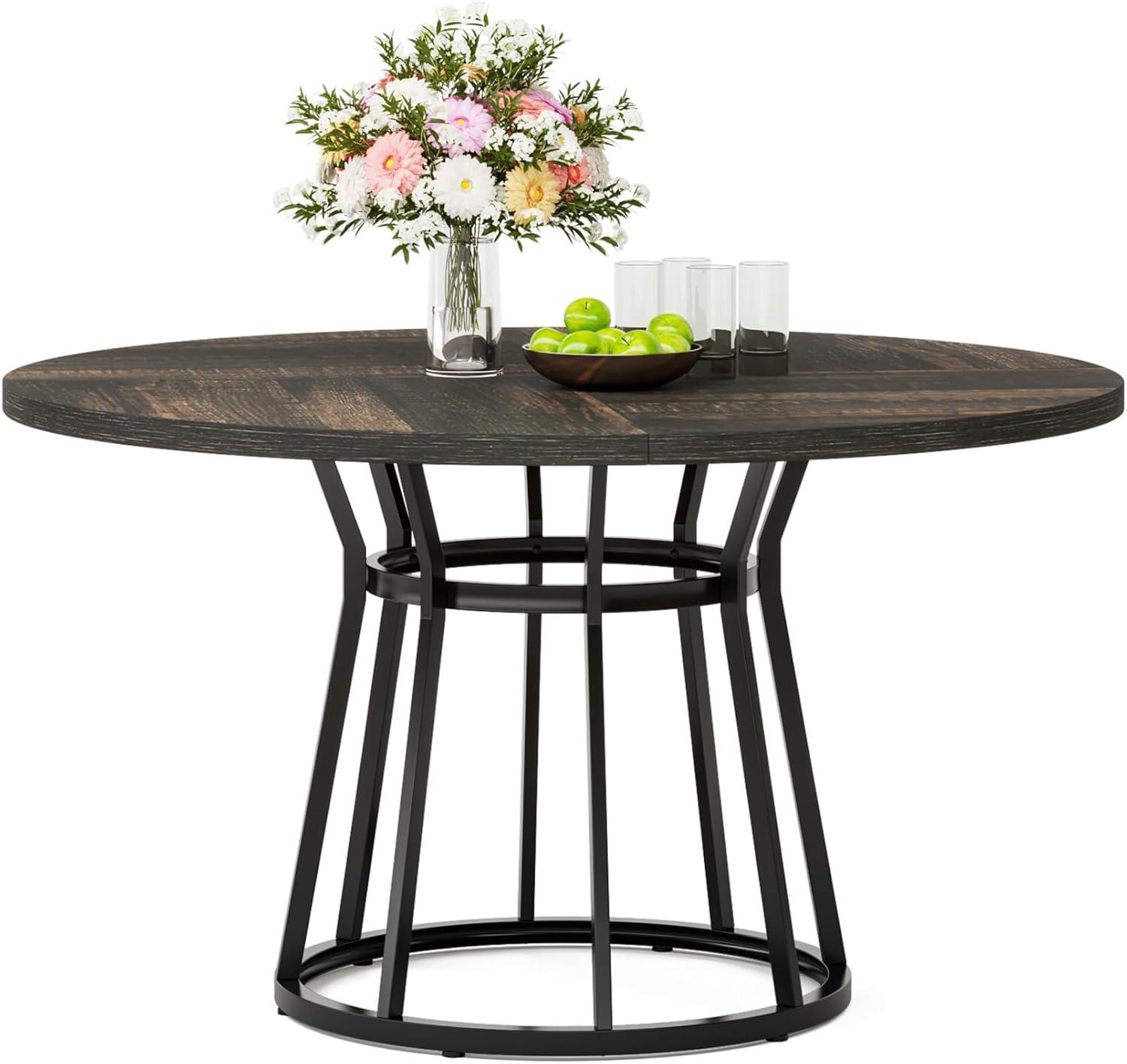 47-Inch Round Brown Wood Dining Table with Black Metal Base