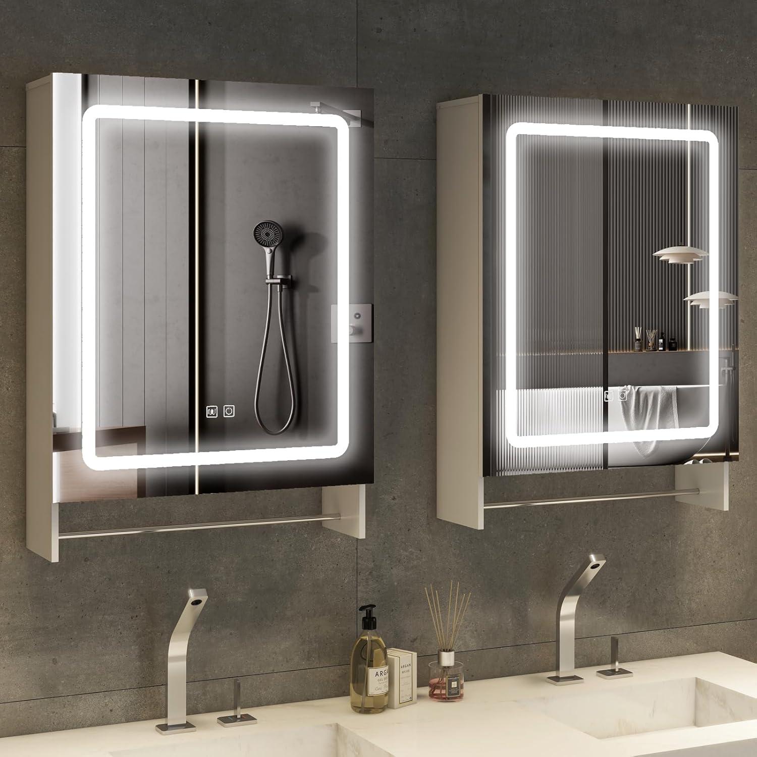 White LED Bathroom Mirror with Triple-Tier Storage and Towel Bar