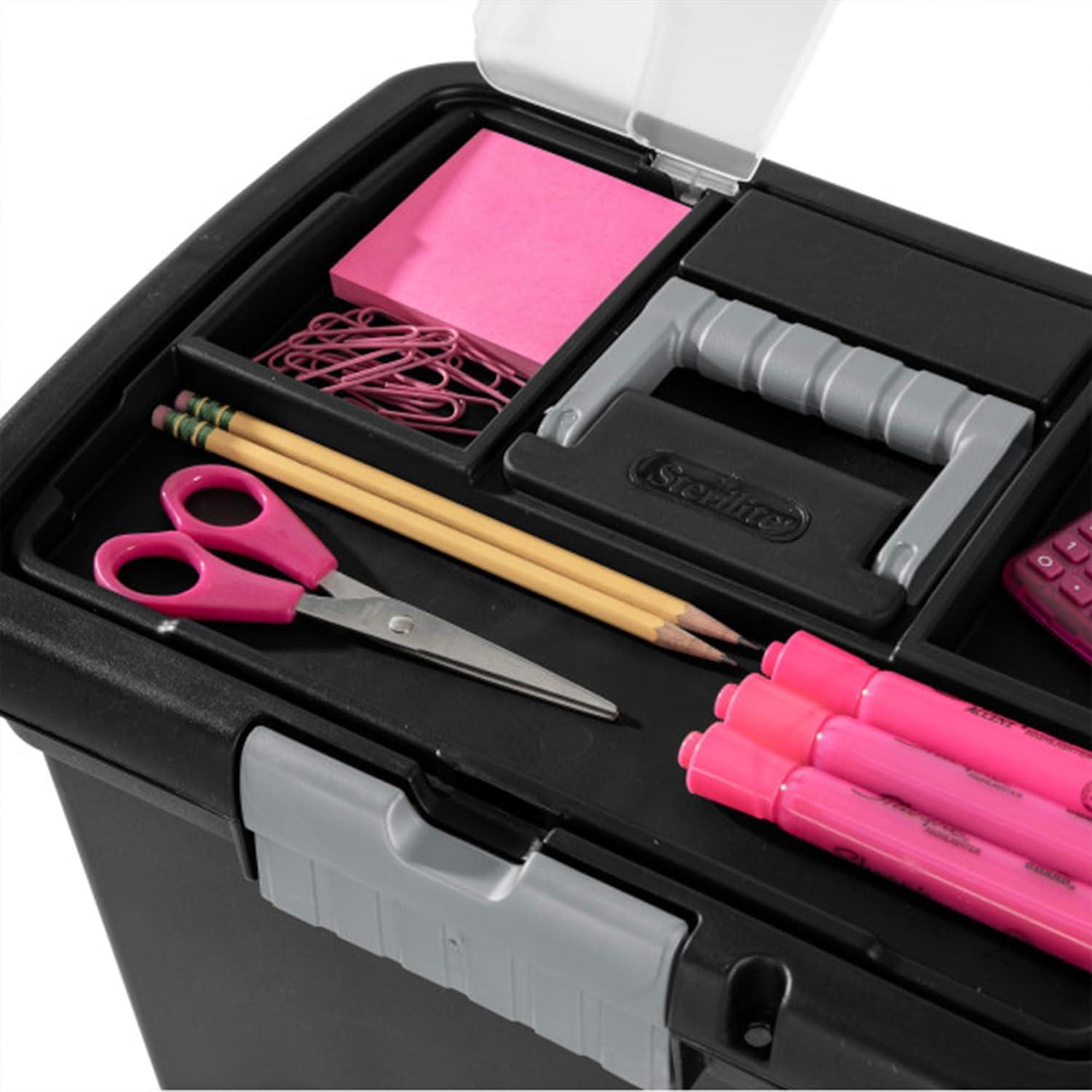 Sterilite Portable File Box, Stackable Storage Bin with Latching Lid and Handle, Plastic Container to Organize Papers in Home, Office, Black, 4-Pack