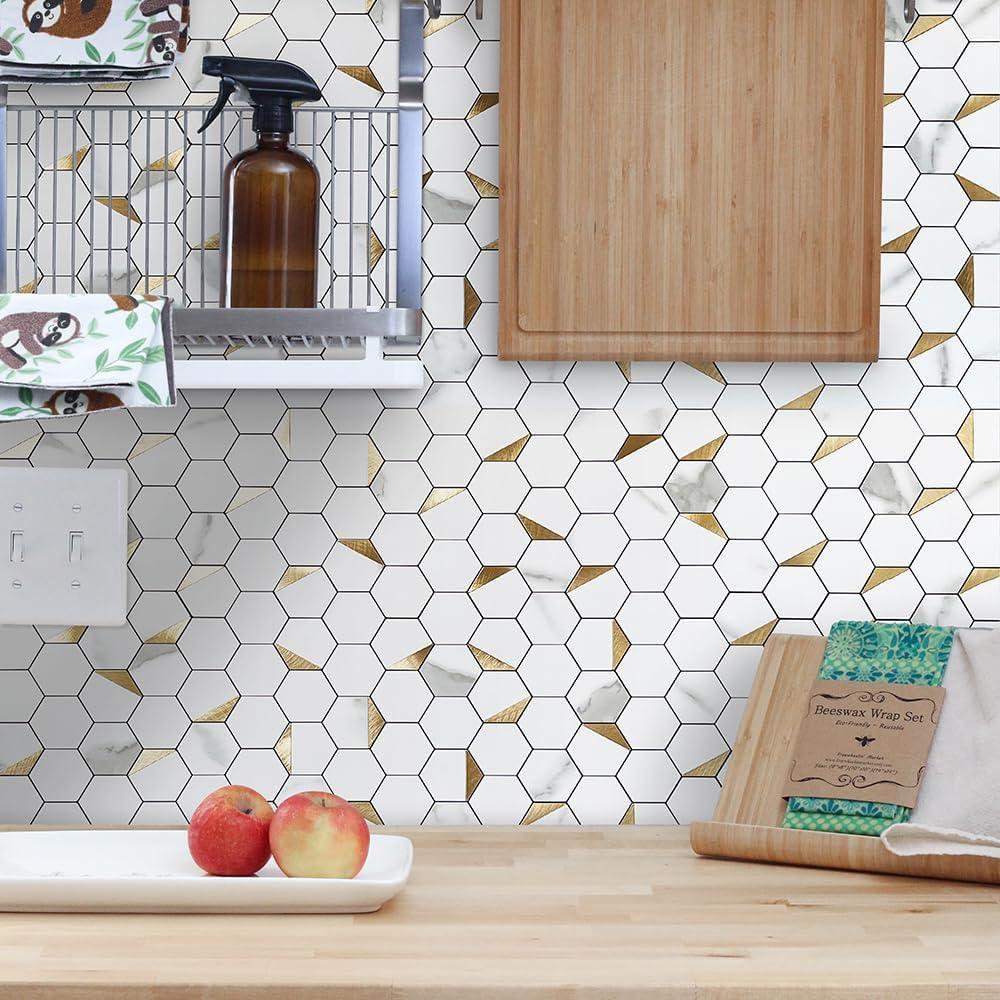 DICOFUN 10-Sheet Hexagon Tile Peel and Stick Backsplash, White Marble Look PVC Mixed Golden Metal Mosaic Tiles for Kitchen and Bathroom