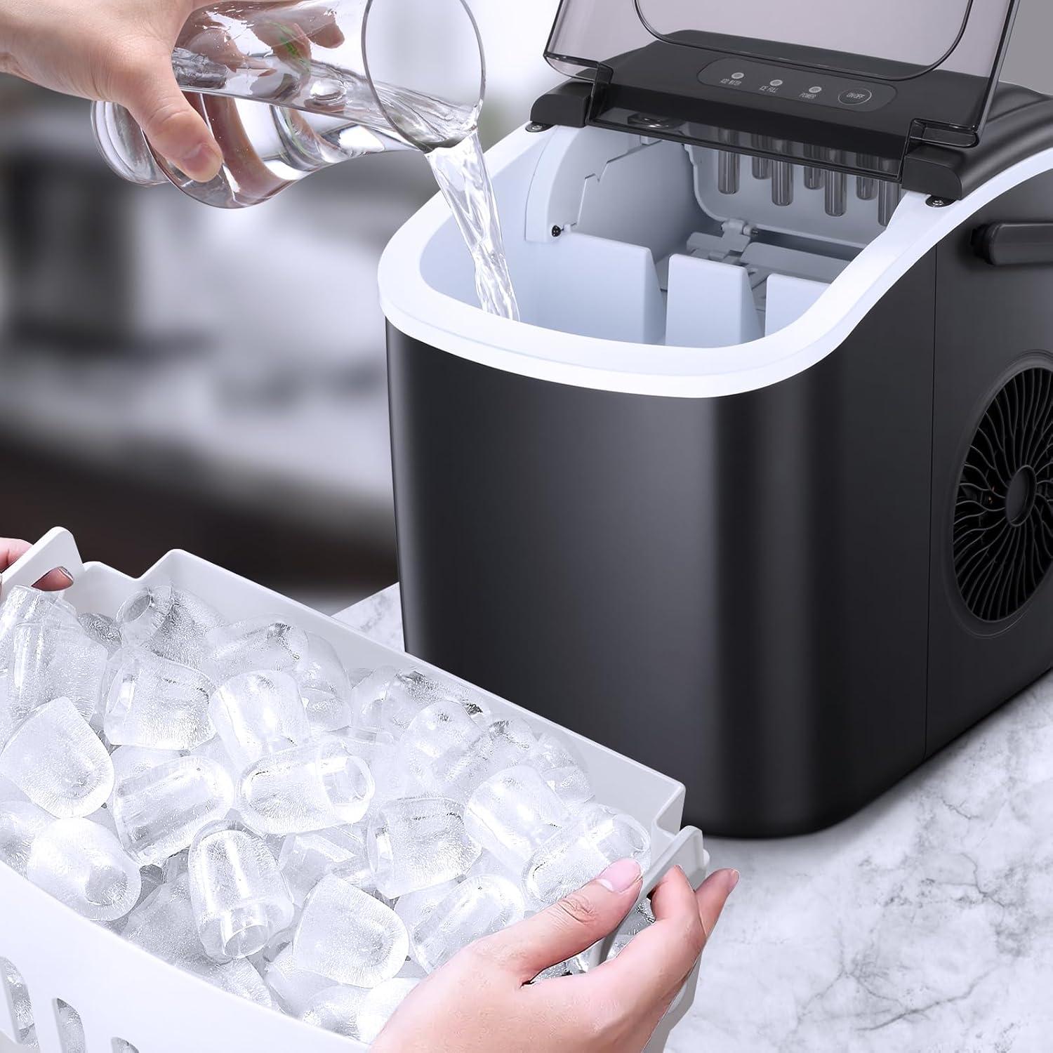 R.W.FLAME Ice Makers Countertop with Handle,26.5Lbs/24H,9 Cubes in 6 Mins,2 Sizes of Bullet Ice,Portable Ice Maker Machine with Self-Cleaning, green