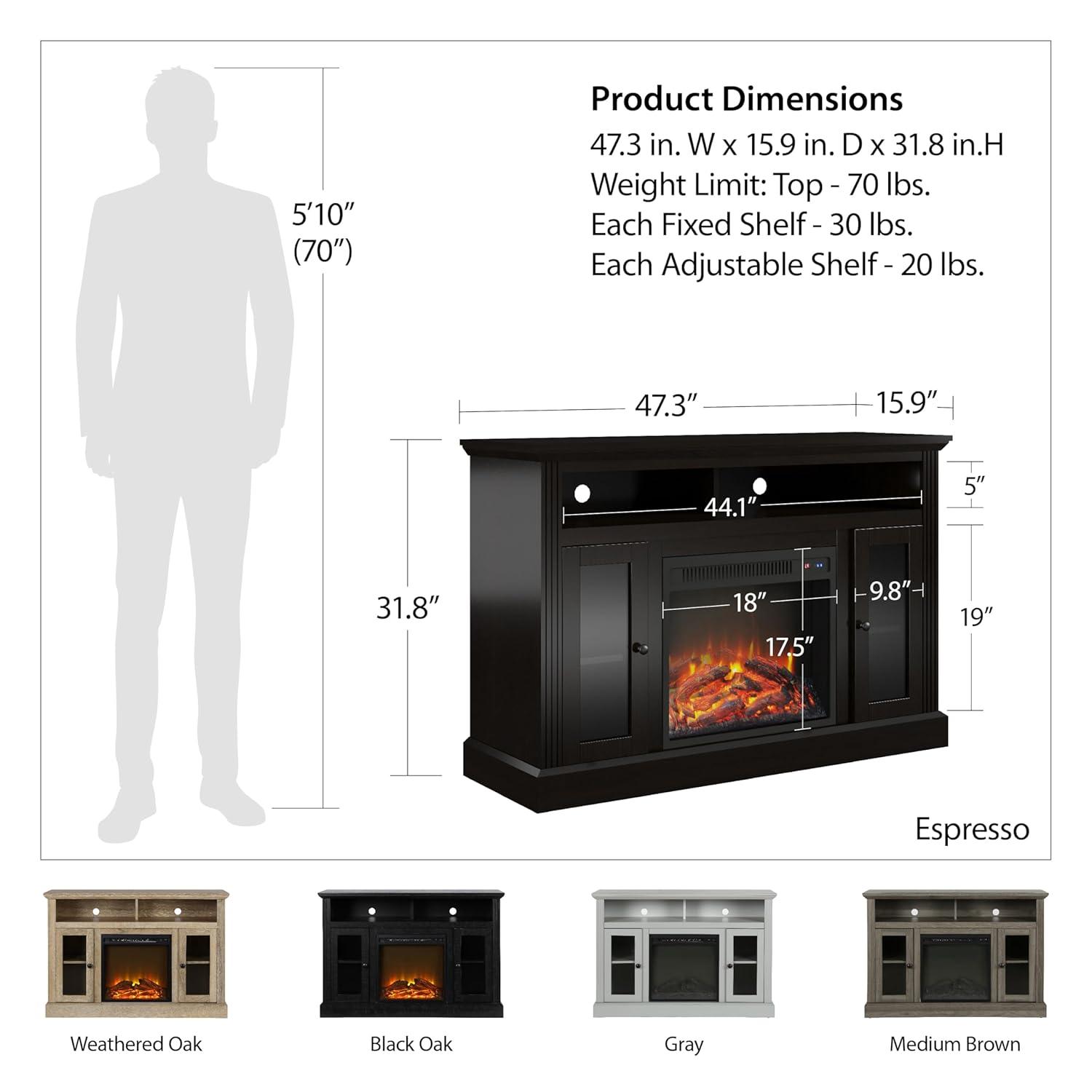 Ameriwood Home Chicago Electric Fireplace Space Heater TV Console for TVs up to a 50", Black Oak