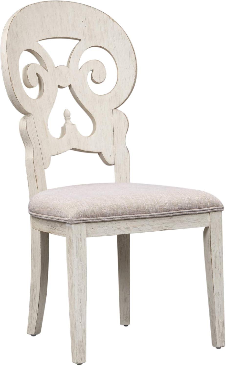 Antique White Linen Upholstered Splat Back Side Chair