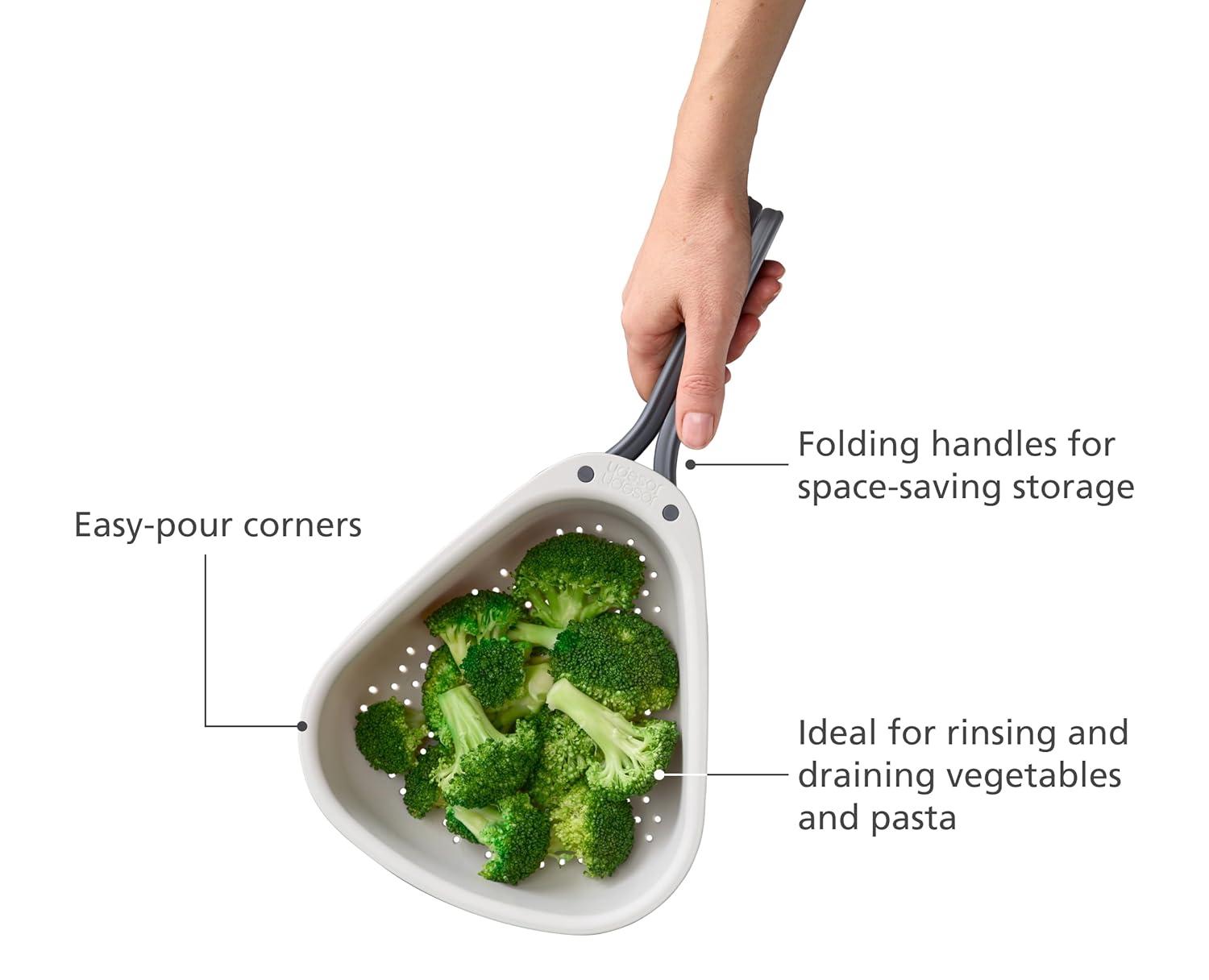 Joseph Joseph Droplet Compact Colander with Folding Handles, Space-Saving Design, Easy-Pour Corners, for Draining Vegetables, Pasta, Fruits