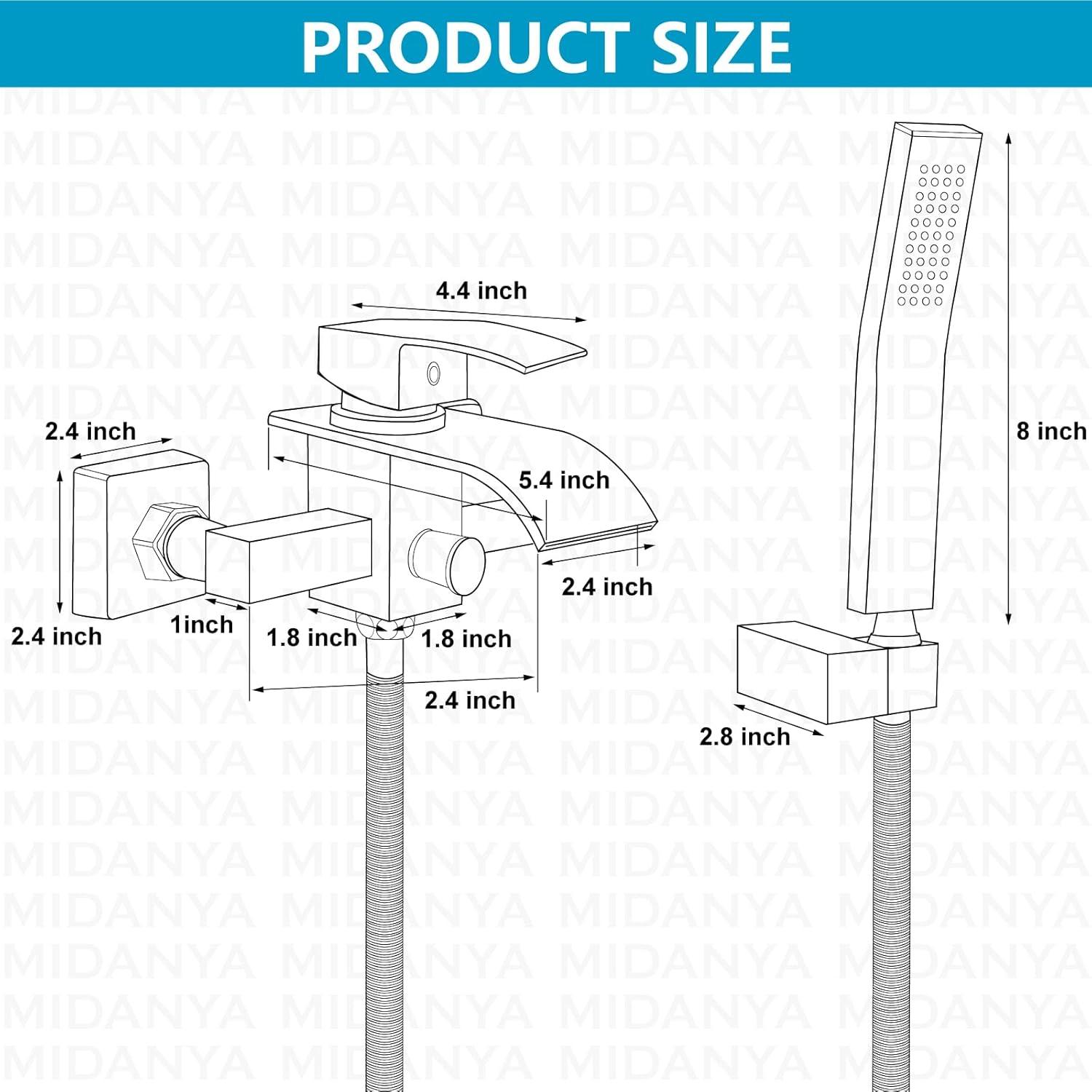 Midanya Wall Mount Bathtub Faucet with Handheld Spray Waterfall Tub Filler Single Handle Bathroom Tub Mixer Tap Hand-Shower System with Curved Spout Commercial,Brushed Nickel