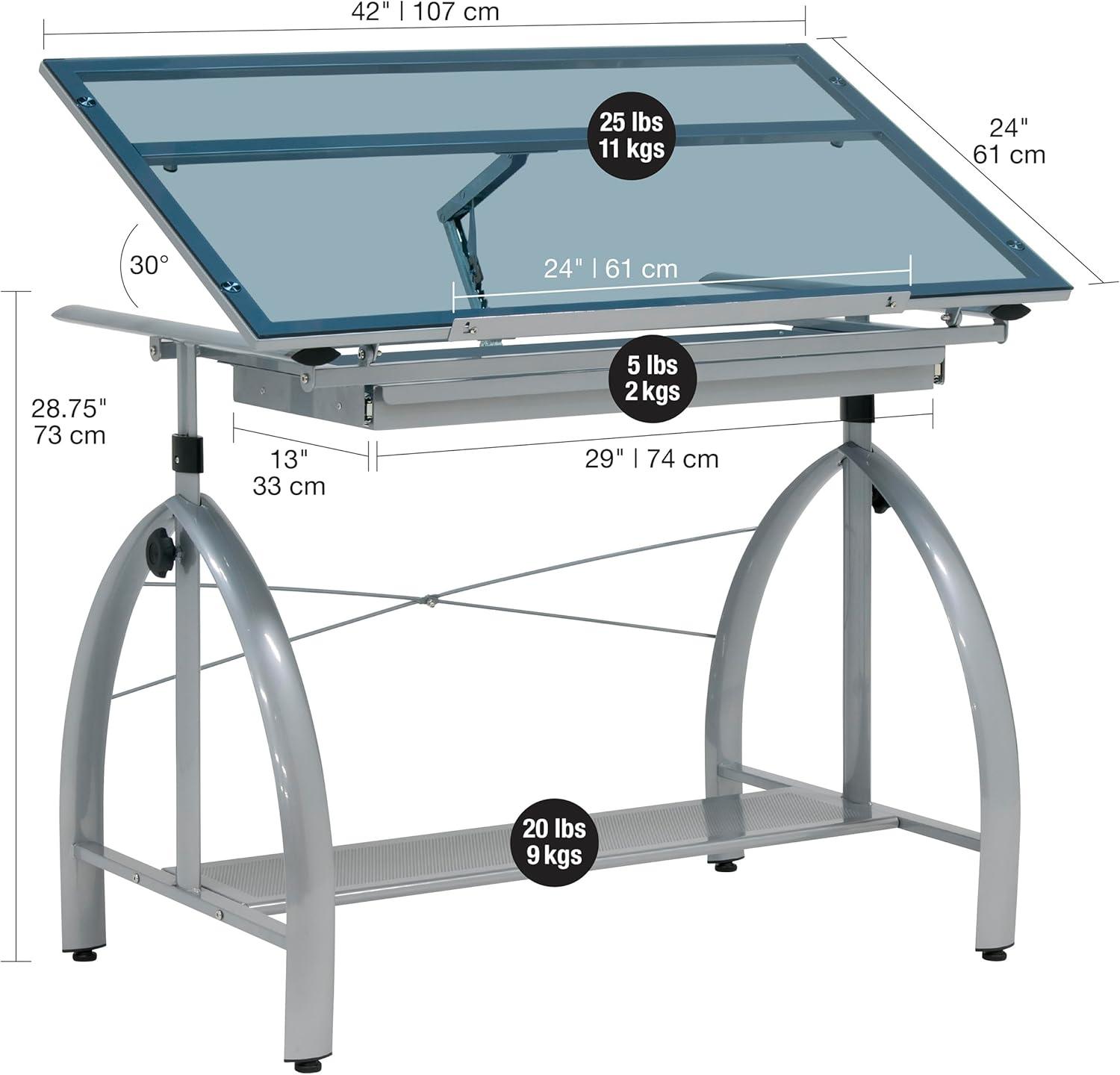 Avanta 42'' Silver Steel Drafting Table with Blue Glass Top