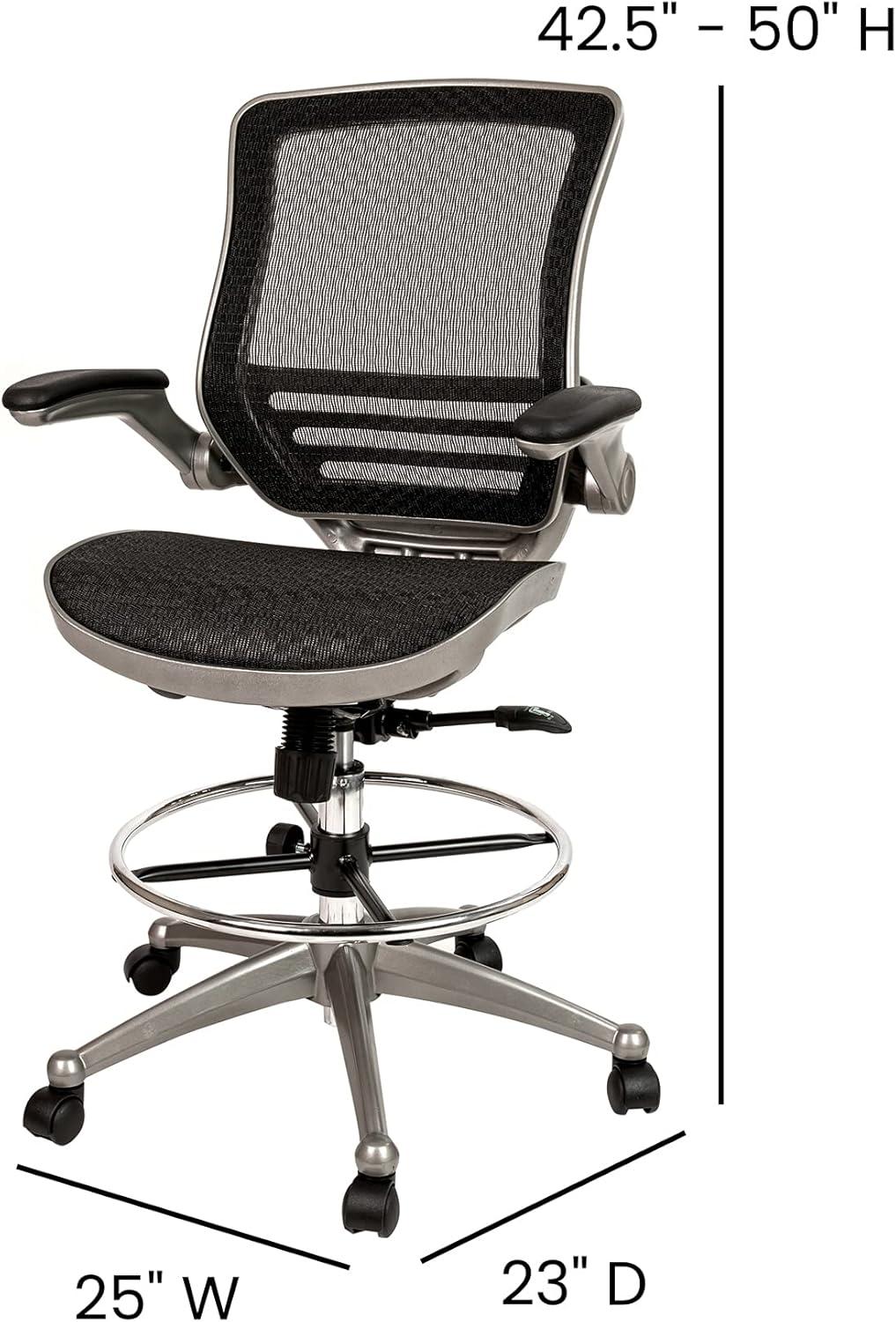 Flash Furniture Mid-Back Transparent Black Mesh Drafting Chair with Graphite Silver Frame and Flip-Up Arms