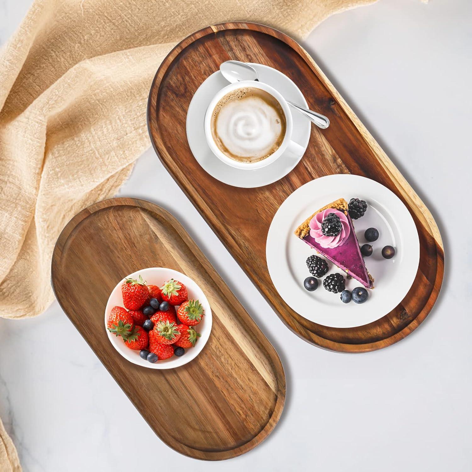 Handcrafted Acacia Wood Rectangular and Oval Serving Trays Set