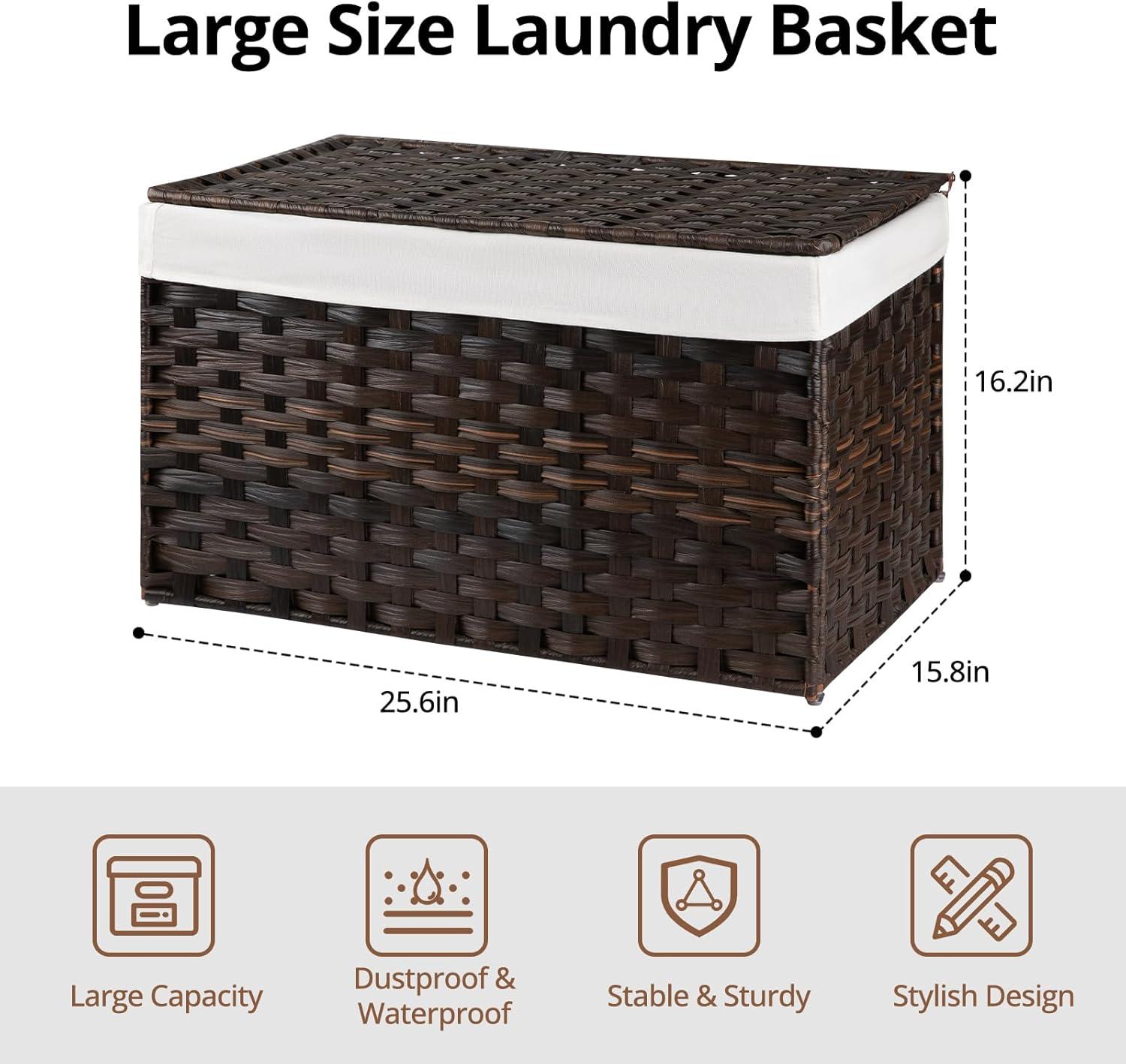 SONGMICS Storage Basket with Lid, 27.7 Gallon (105L) Storage Bin, Woven Blanket Storage Basket with Handles, Foldable, Removable Liner, Metal Frame