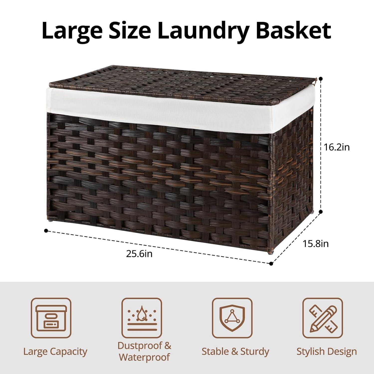SONGMICS Storage Basket with Lid, 27.7 Gallon (105L) Storage Bin, Woven Blanket Storage Basket with Handles, Foldable, Removable Liner Brown