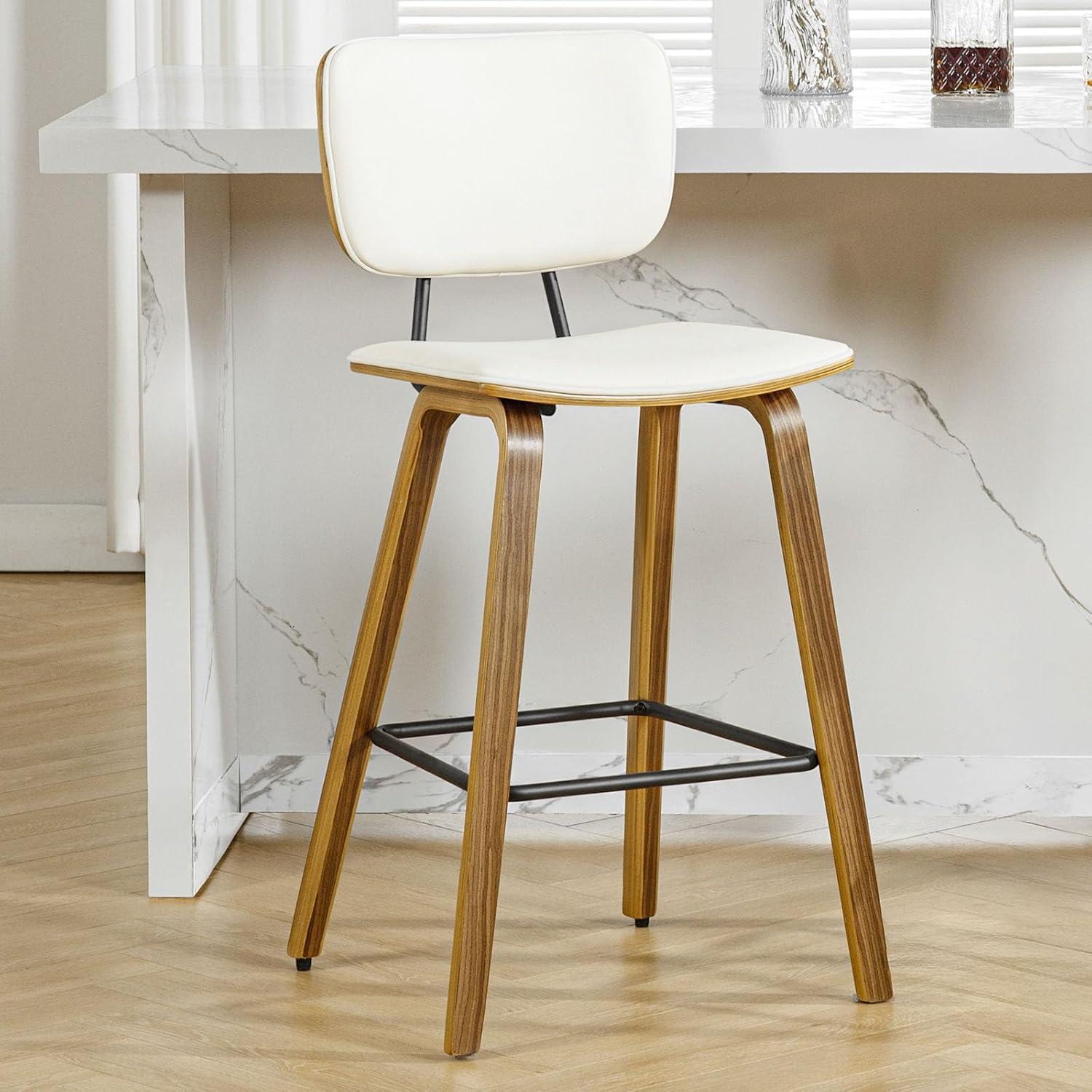 Cream PU Leather Upholstered Counter Stools with Walnut Wood Legs