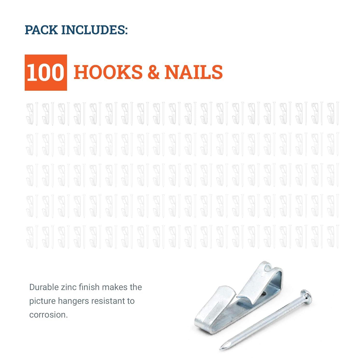 Picture Hanging Hooks 30 lb - Professional Picture Hangers for Drywall with Wall Nails - 100 Pack