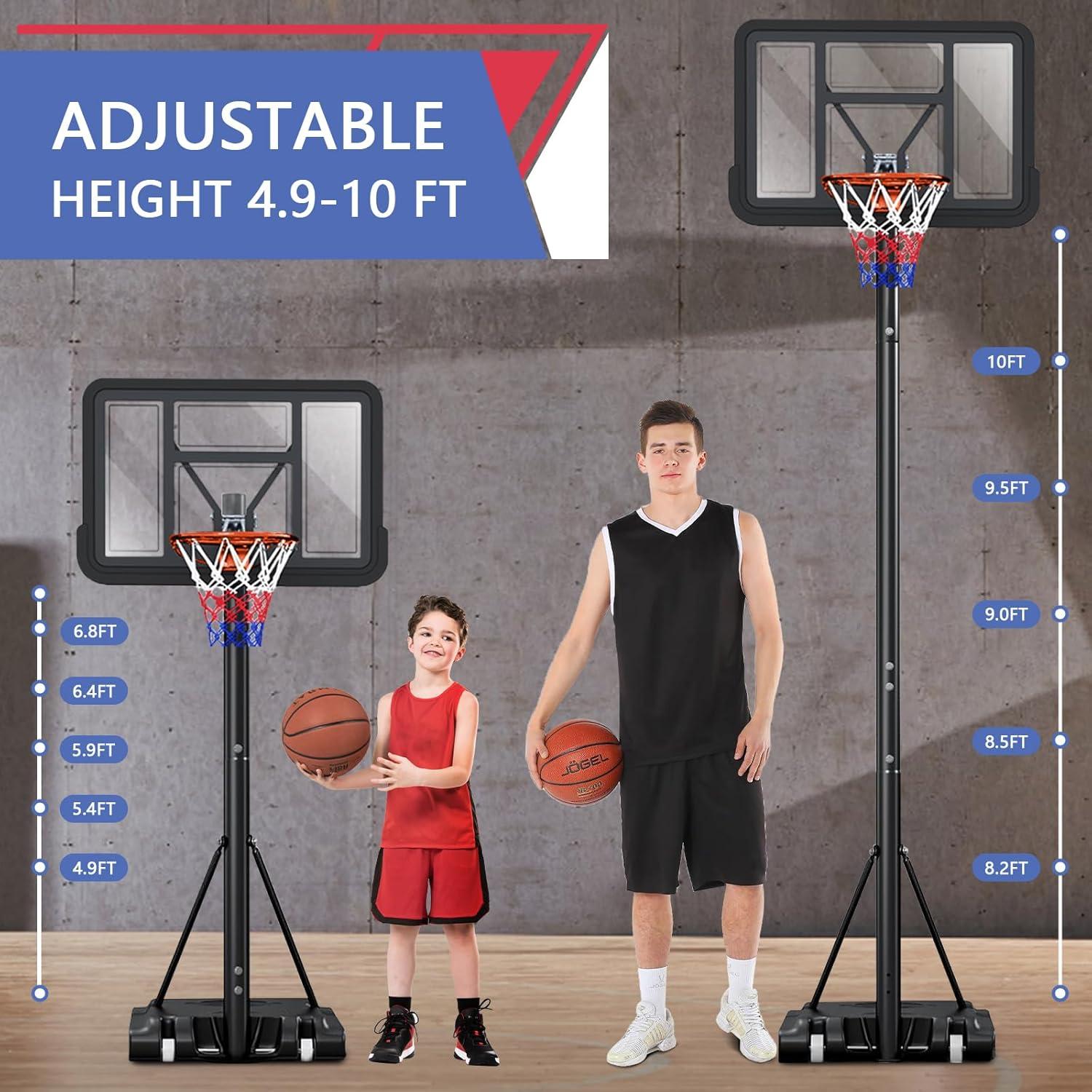 Portable Basketball Hoop,5.5-10FT Height Adjustable Outdoor Basketball Hoop Goal with 44 Inch Impact Backboard and Portable Wheels for Youth Adults Play in Backyard/Courts/Indoor