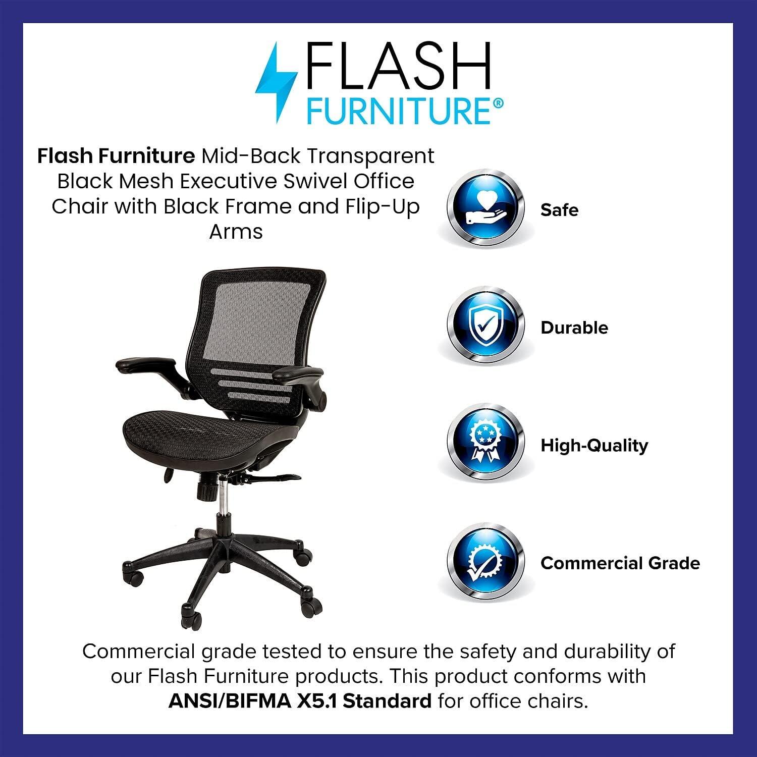 Flash Furniture Warfield Mid-Back Transparent Black Mesh Executive Swivel Office Chair with Black Frame and Flip-Up Arms