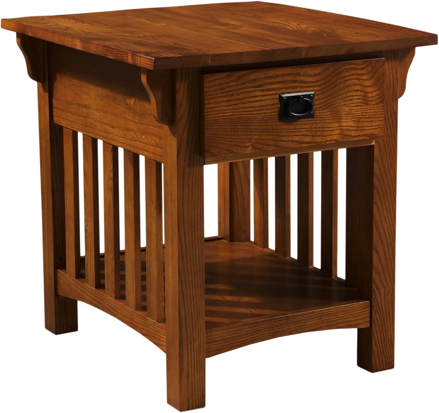 Medium Oak Wood Rectangular End Table with Storage