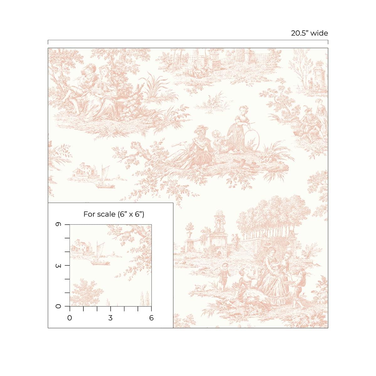 NextWall Chateau Toile Peel and Stick Wallpaper Pink: Vintage Vinyl, Self-Adhesive, Repositionable, Washable, 30.75 Sq Ft Coverage