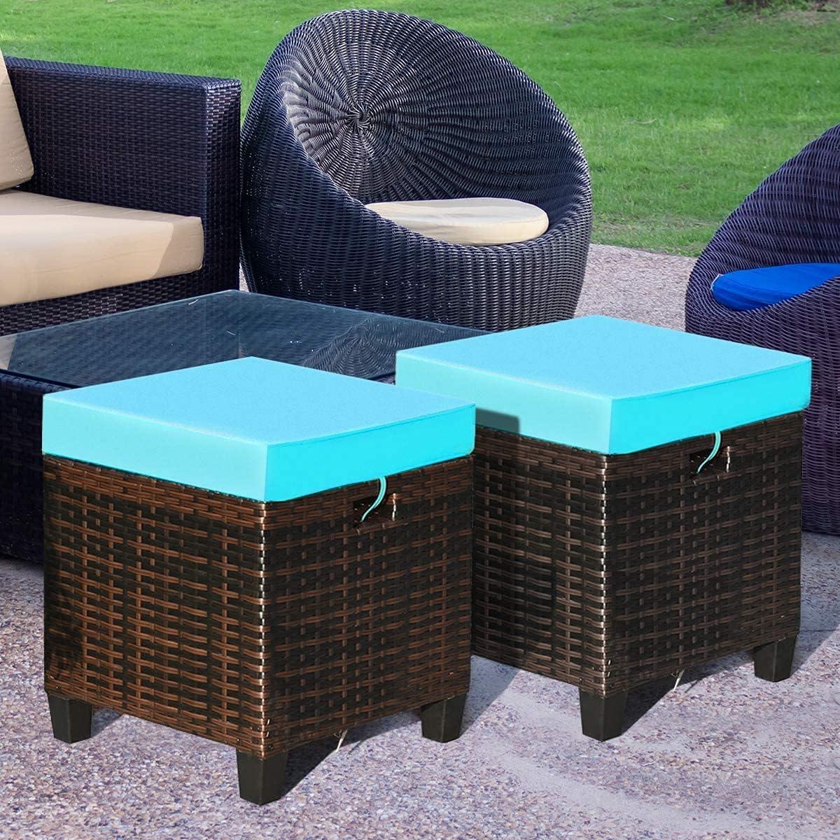 Costway 2PCS Patio Rattan Ottoman Cushioned Seat w/ Foot Rest Turquoise