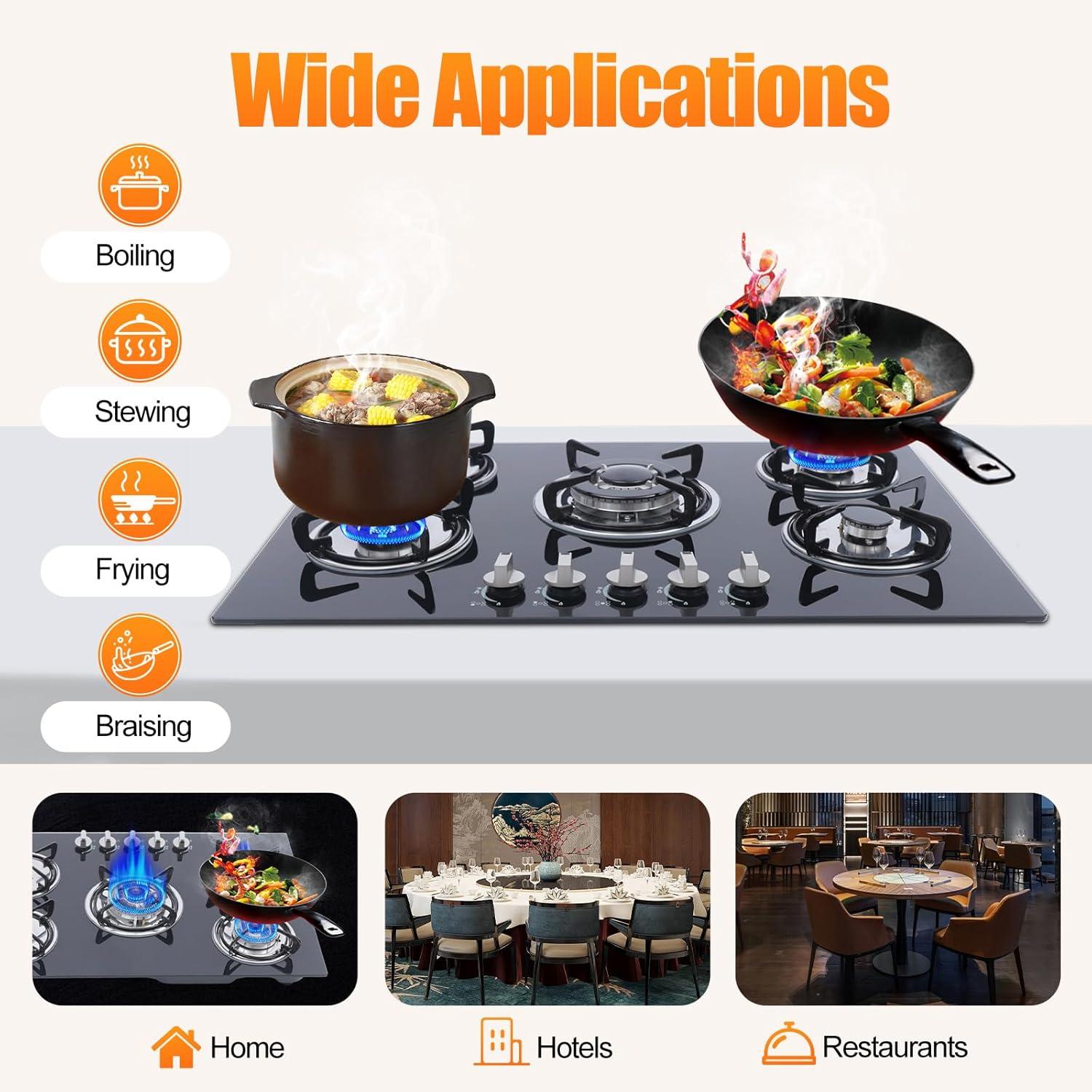 30"  Gas Stove Cooktop, 5 Burners Built-in Tempered Glass LPG/NG Stove with Flameout Protection for Kitchen Black