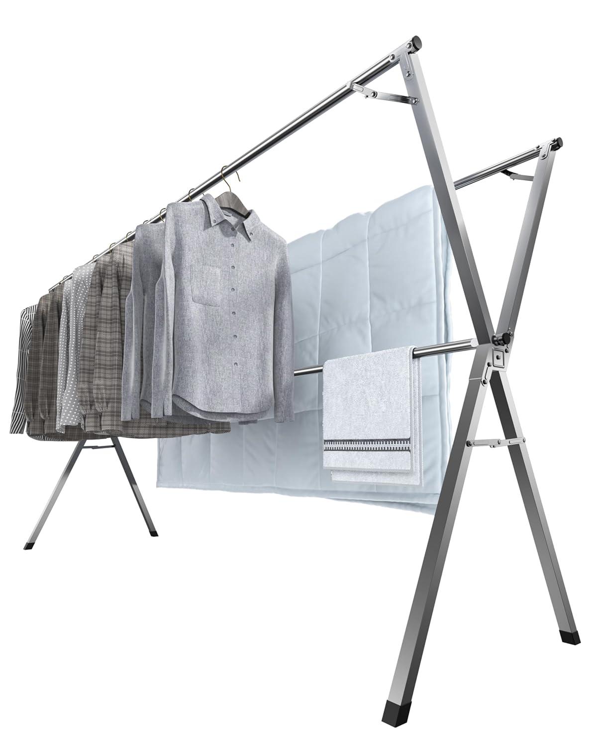 Laundry Drying Rack Wall Mounted Clothes Drying Rack Collapsible 31.5" Wide with 13.2 Linear Ft and 5 Aluminum Rods Drilling Template Long Screwdriver Bit 60 lbs Capacity White