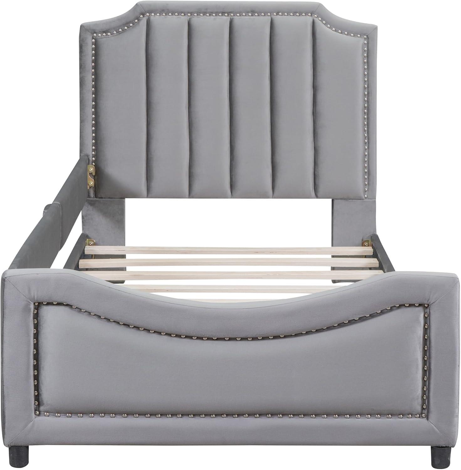 Twin Size Upholstered Bed with Belgrave Headboard, Low Platform Bed Frame with Rails, Kids Velvet Daybed with Slats Support for Girls Boys Teens, Gray