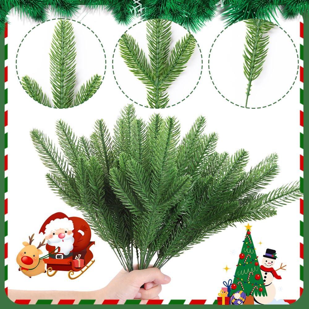 50 Pcs Artificial Pine Branches Christmas Pine Needles Green Plants Fake Greenery Pine Picks Christmas Decorations for DIY Garland Wreath Xmas Embellishing and Home Garden Decoration