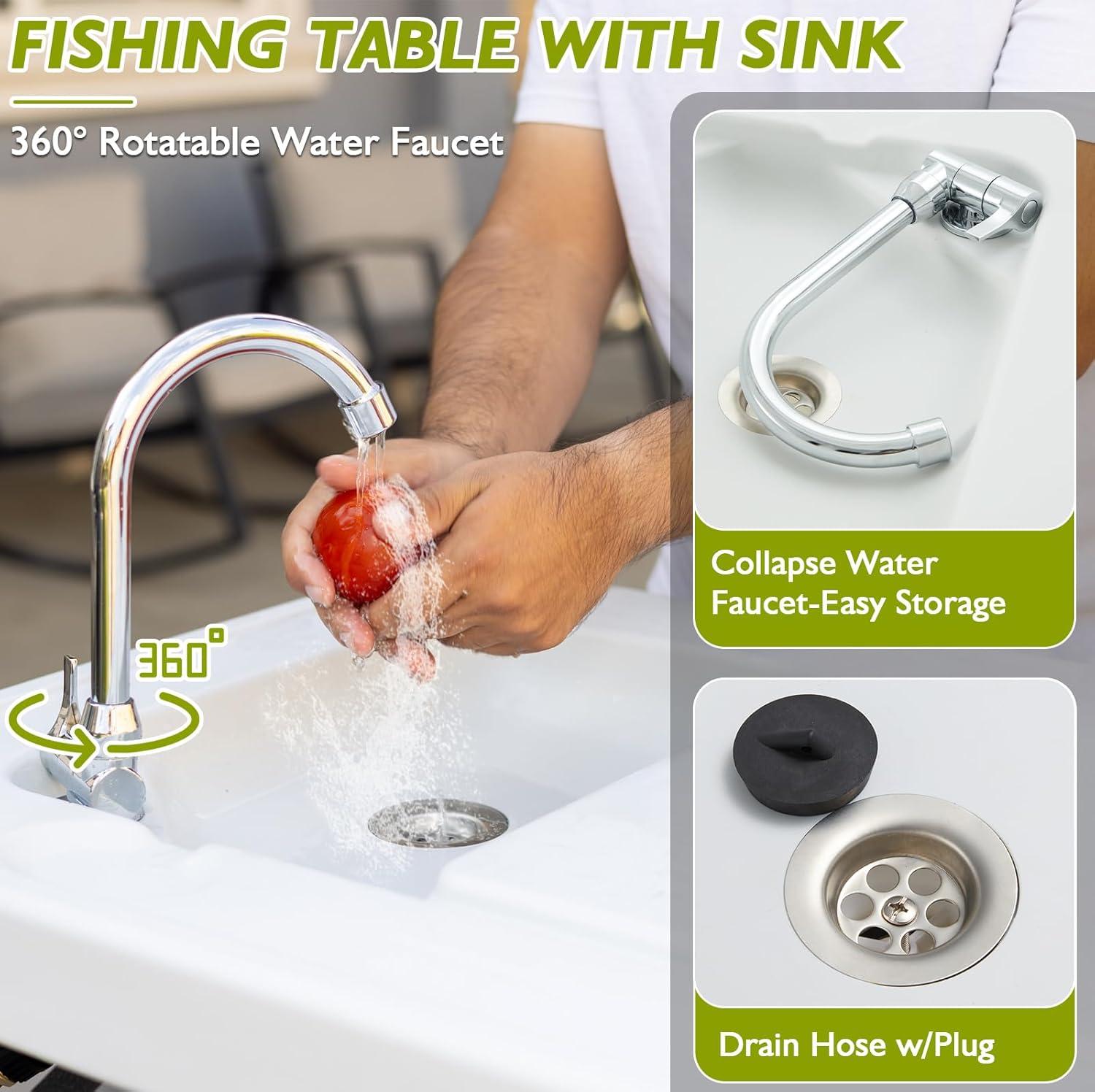 Folding Fish Cleaning Table Portable Camping Sink Table with Faucet Drainage Hose & Sprayer Outdoor Fish Fillet Cleaning Station with Grid Rack & Knife Groove for Picnic Fishing, Grey