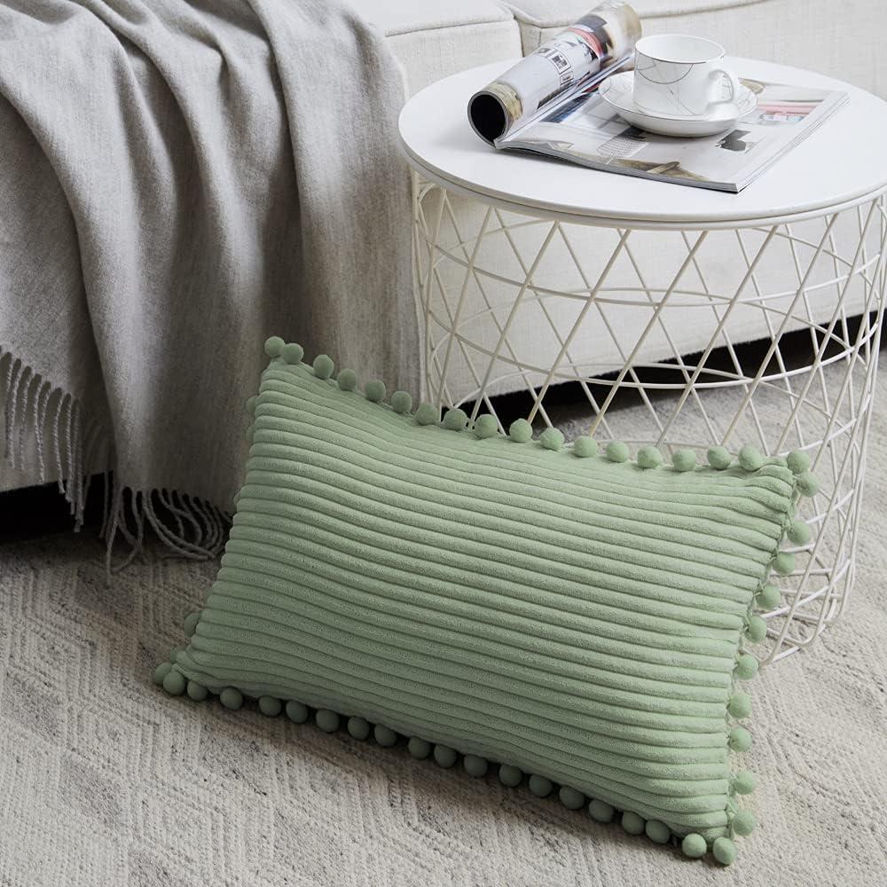 Sage Green Corduroy Lumbar Pillow Covers with Stripes - Set of 2