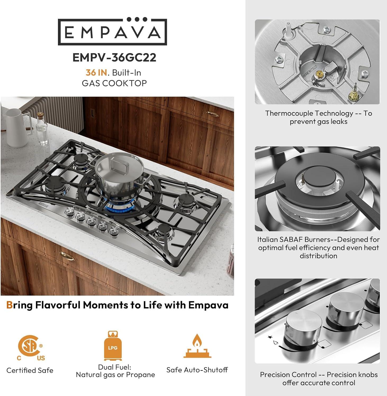 Empava 36" Stainless Steel 5 Burner Cooktop