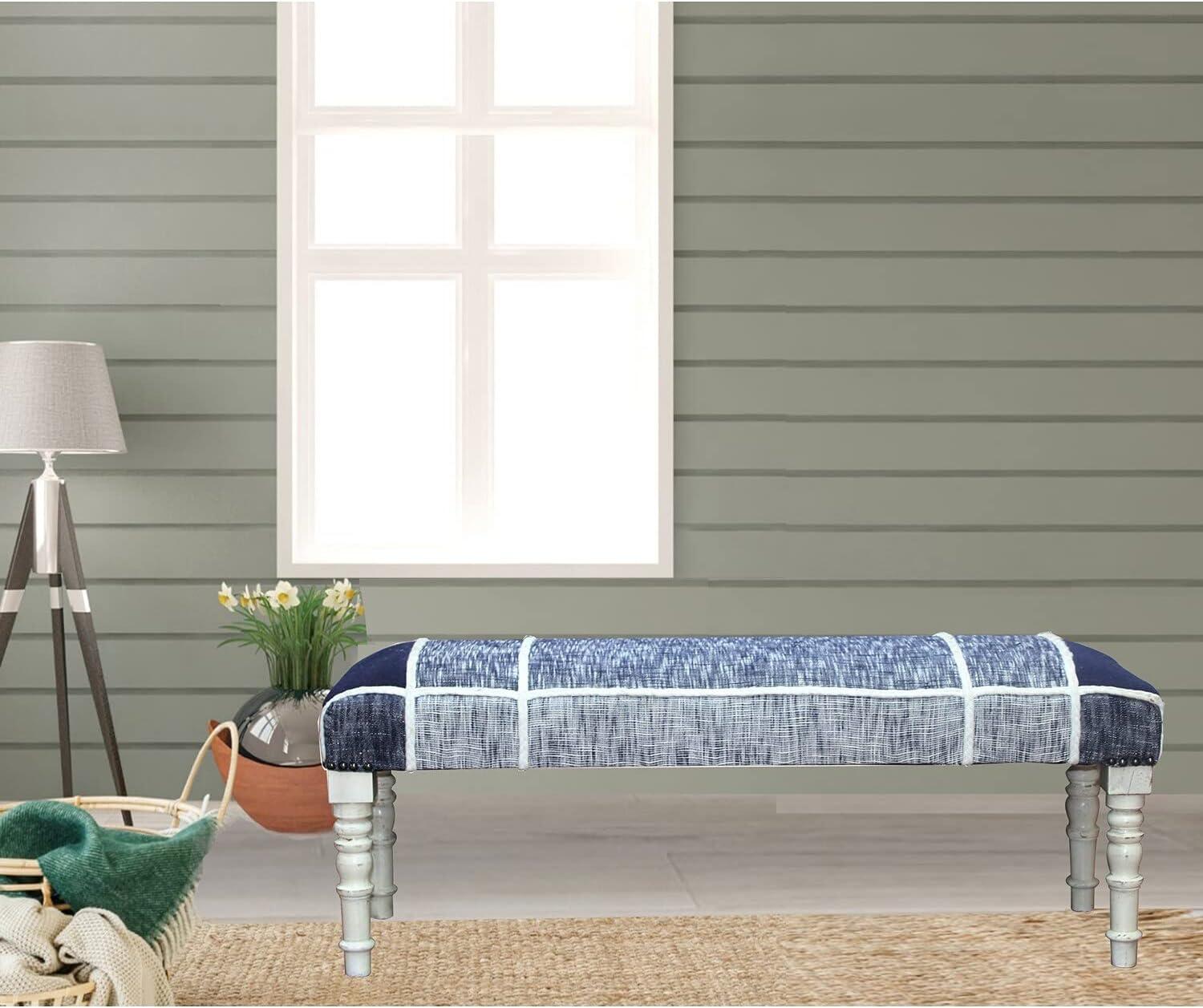 LR Home Farmhouse Cotton Upholstered Indoor Accent Bench, Blue