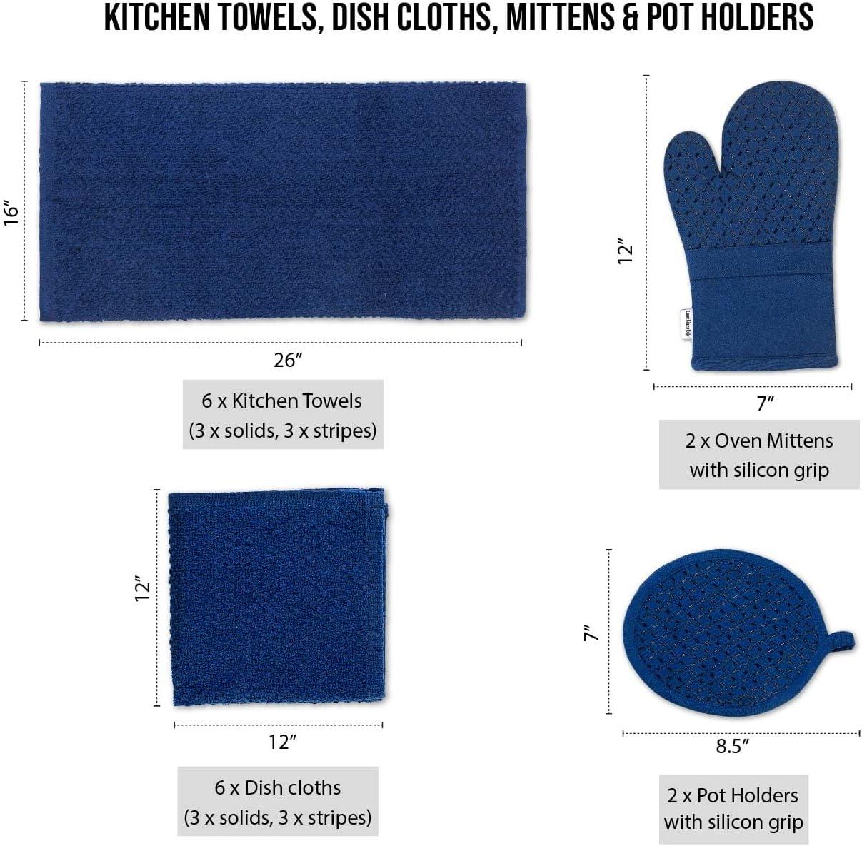 Indigo Cotton Kitchen Towel Set with Silicone Oven Mitts and Pot Holders, 16-Piece