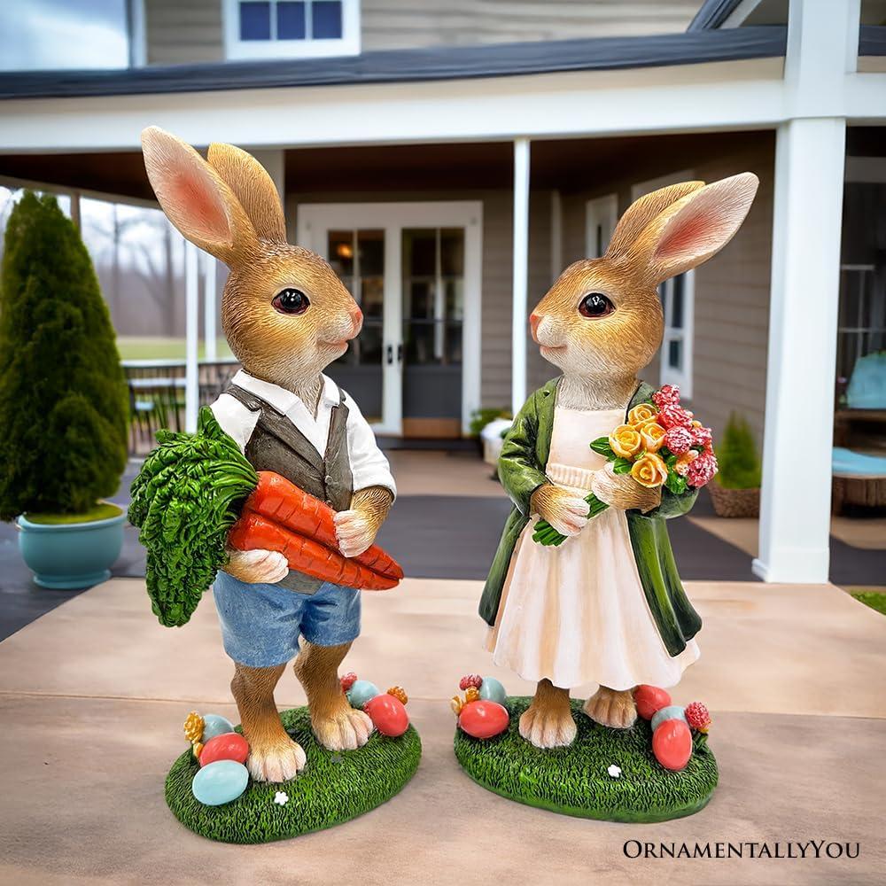 Harvest and Bloom Country Bunny Pair Figurine, 8" Rabbit Garden Statue Set| OrnamentallyYou